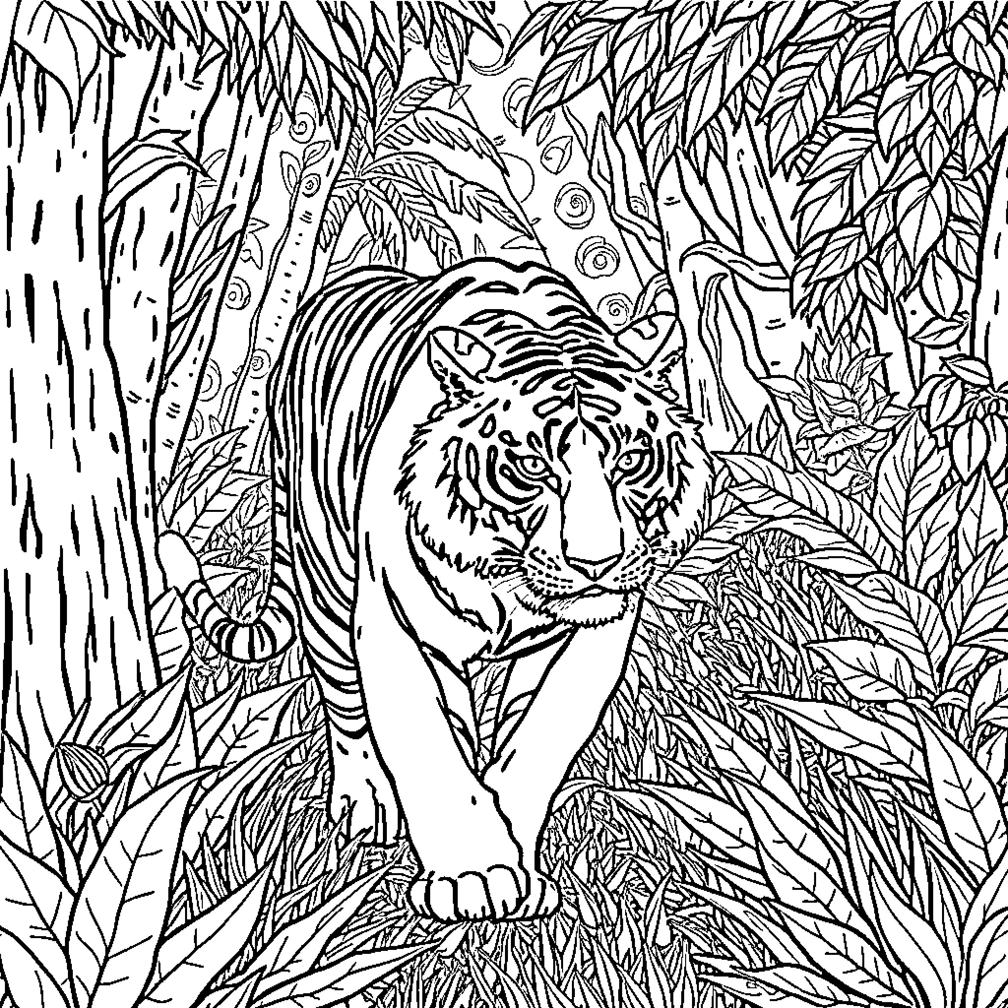 Tiger Prowling Through Lush Jungle Foliage Coloring Page (free black-and-white line drawing printable PDF for all, from beginners to advanced learners, including children, teens, adults, and seniors)