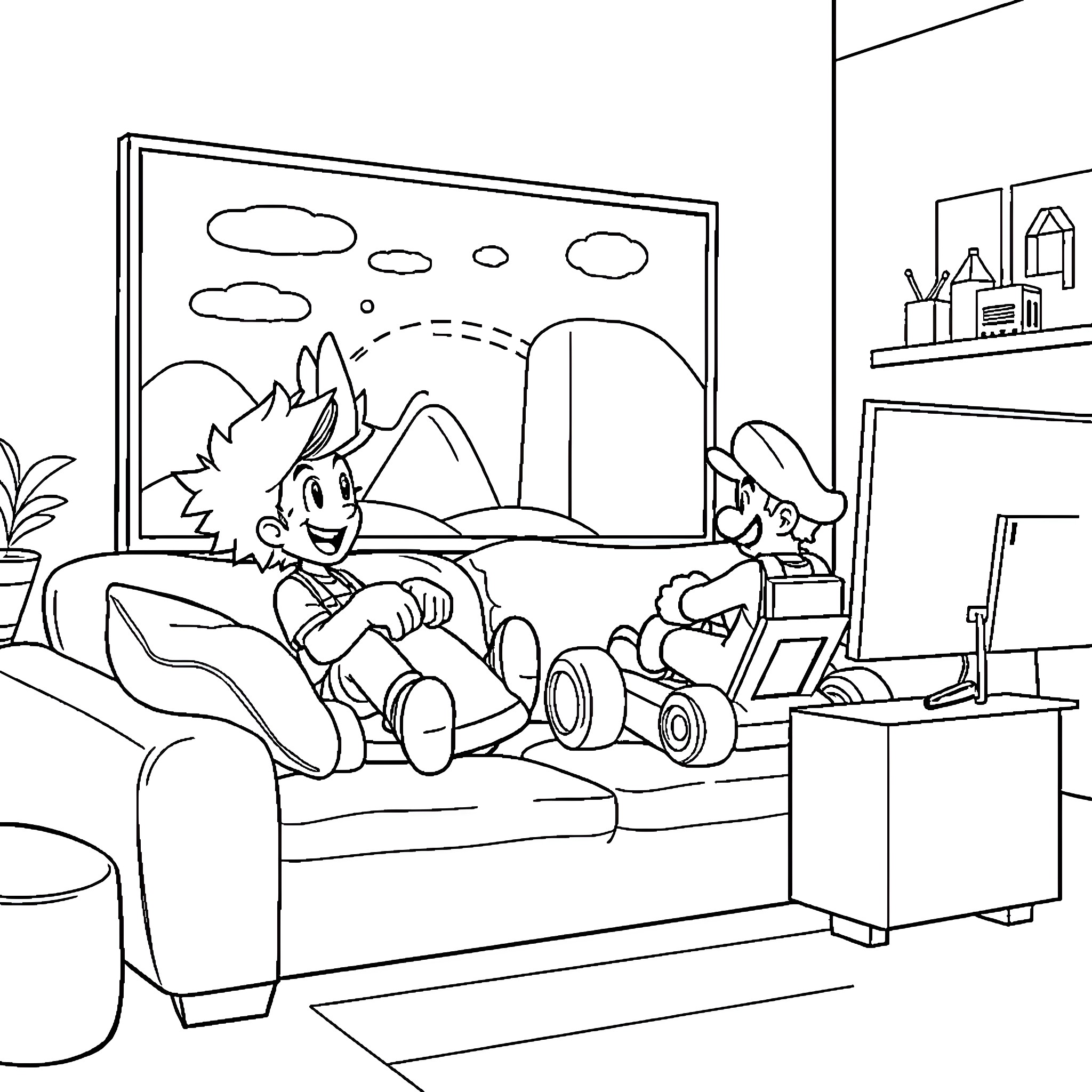 Jinx and Vi enjoying a playful moment together Coloring Page (free black-and-white line drawing printable PDF for all, from beginners to advanced learners, including children, teens, adults, and seniors)