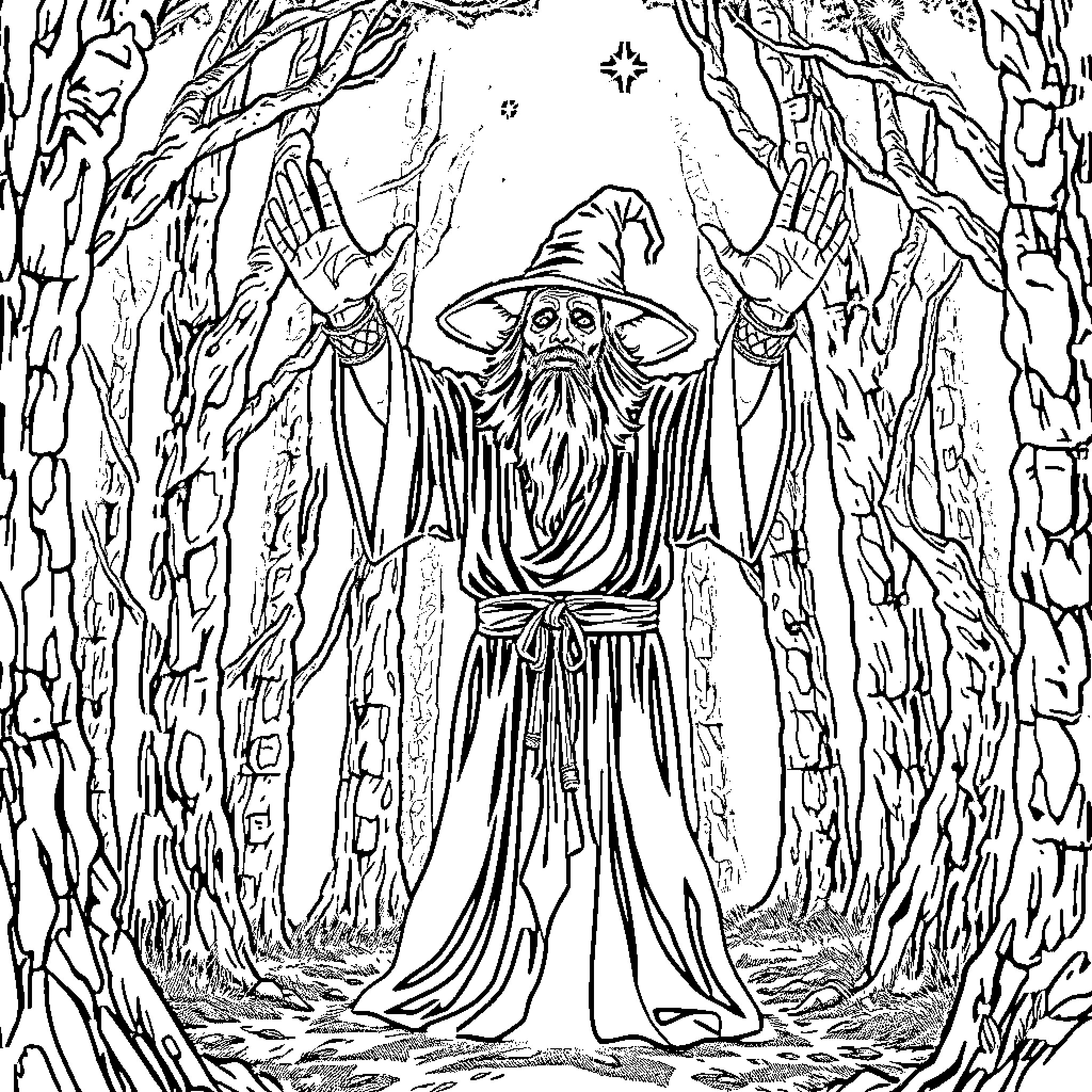 Warlock casting spells in the enchanted forest Coloring Page (free black-and-white line drawing printable PDF for all, from beginners to advanced learners, including children, teens, adults, and seniors)