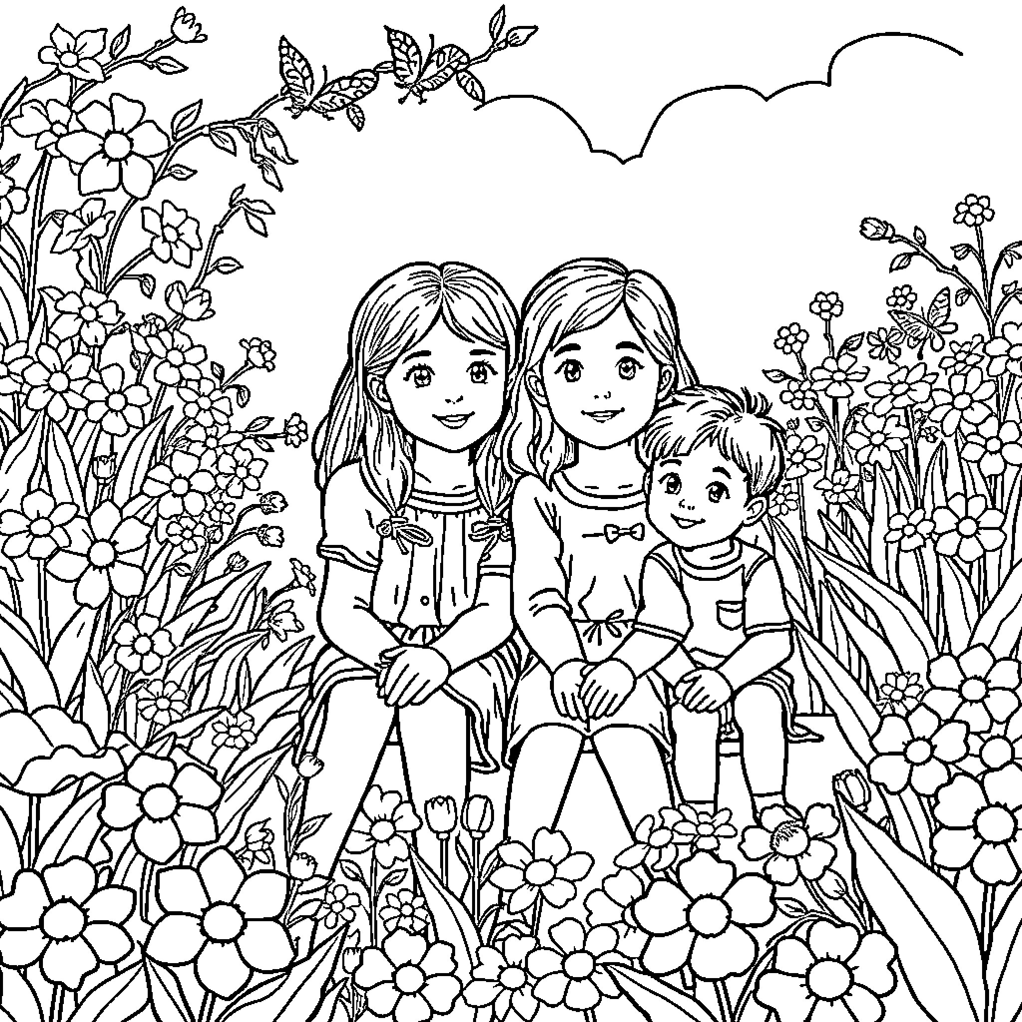 Child and Family Enjoying Flowers in Nature Coloring Page (free black-and-white line drawing printable PDF for all, from beginners to advanced learners, including children, teens, adults, and seniors)