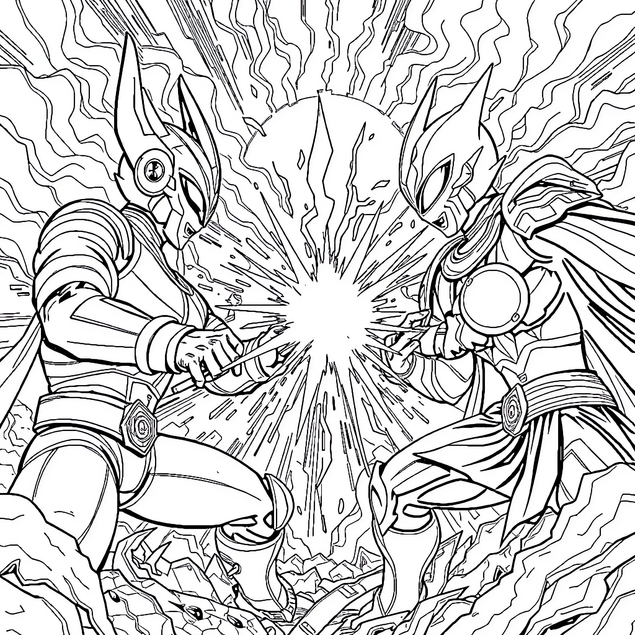 Avatar Characters Clashing in Intense Battle Coloring Page (free black-and-white line drawing printable PDF for all, from beginners to advanced learners, including children, teens, adults, and seniors)