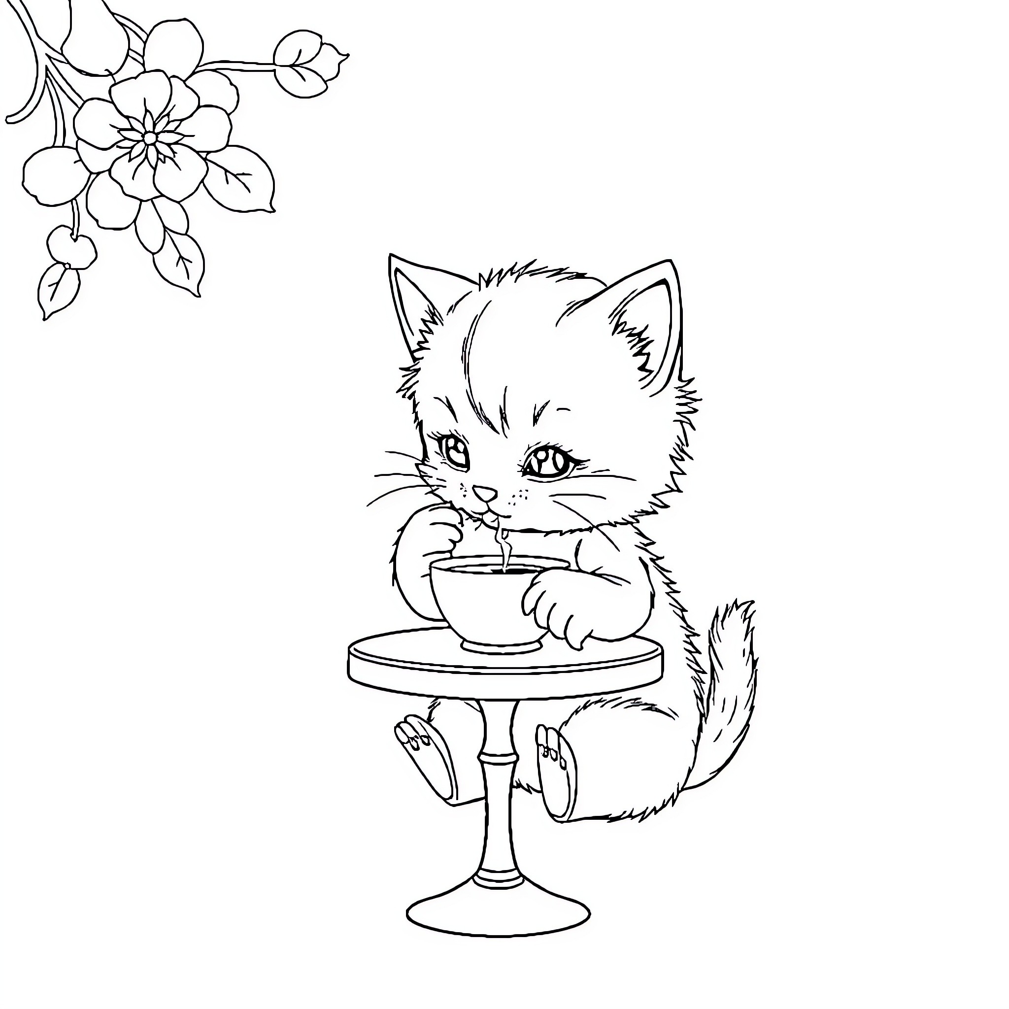 Kitten enjoying a tea party Coloring Page (free black-and-white line drawing printable PDF for all, from beginners to advanced learners, including children, teens, adults, and seniors)