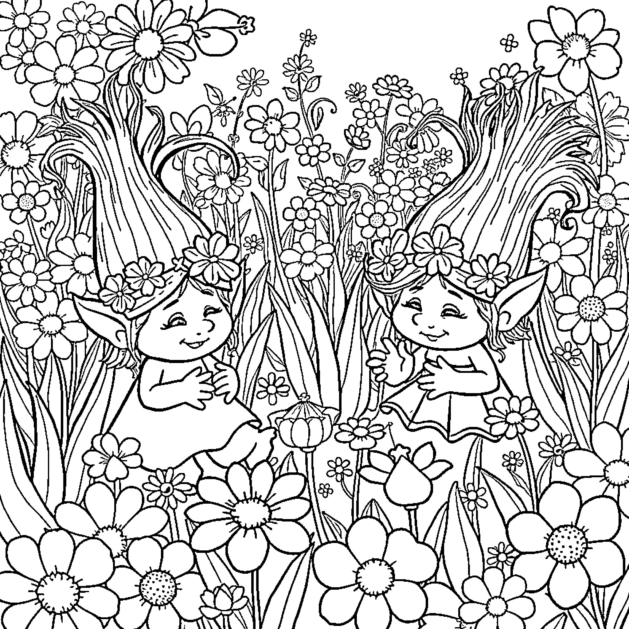 Mumintroll playing in a flower-filled meadow Coloring Page (free black-and-white line drawing printable PDF for all, from beginners to advanced learners, including children, teens, adults, and seniors)