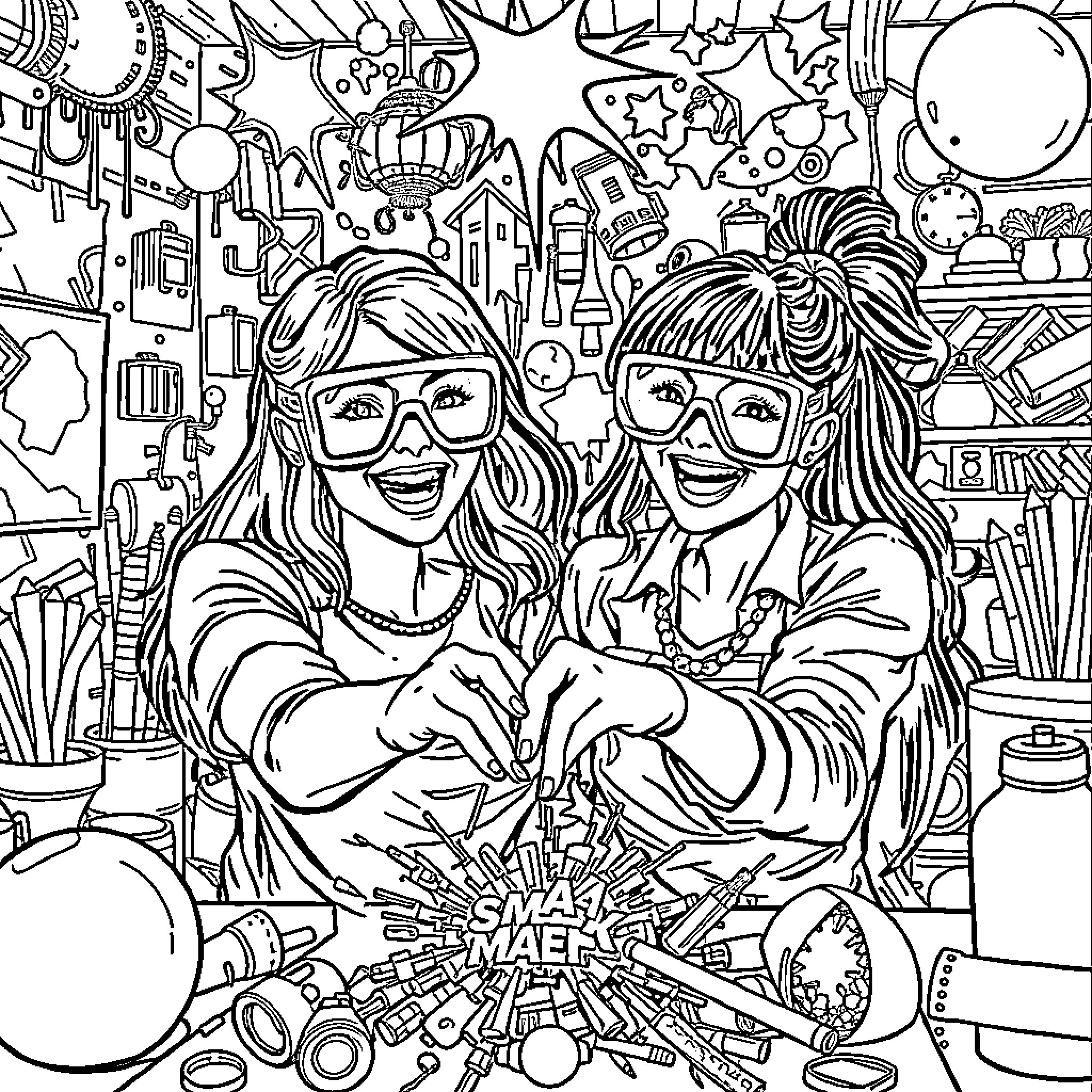 Lady Scientists Exploring Creative Wonders Coloring Page (free black-and-white line drawing printable PDF for all, from beginners to advanced learners, including children, teens, adults, and seniors)