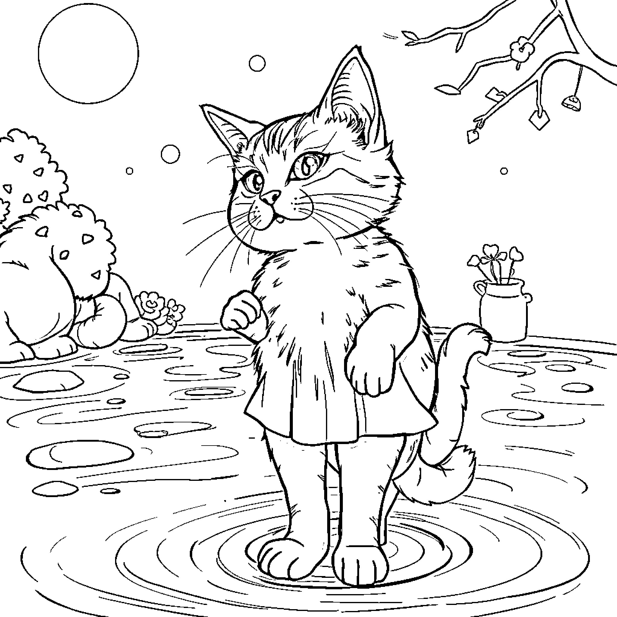 Spongebob the cat explores the whimsical landscape Coloring Page (free black-and-white line drawing printable PDF for all, from beginners to advanced learners, including children, teens, adults, and seniors)