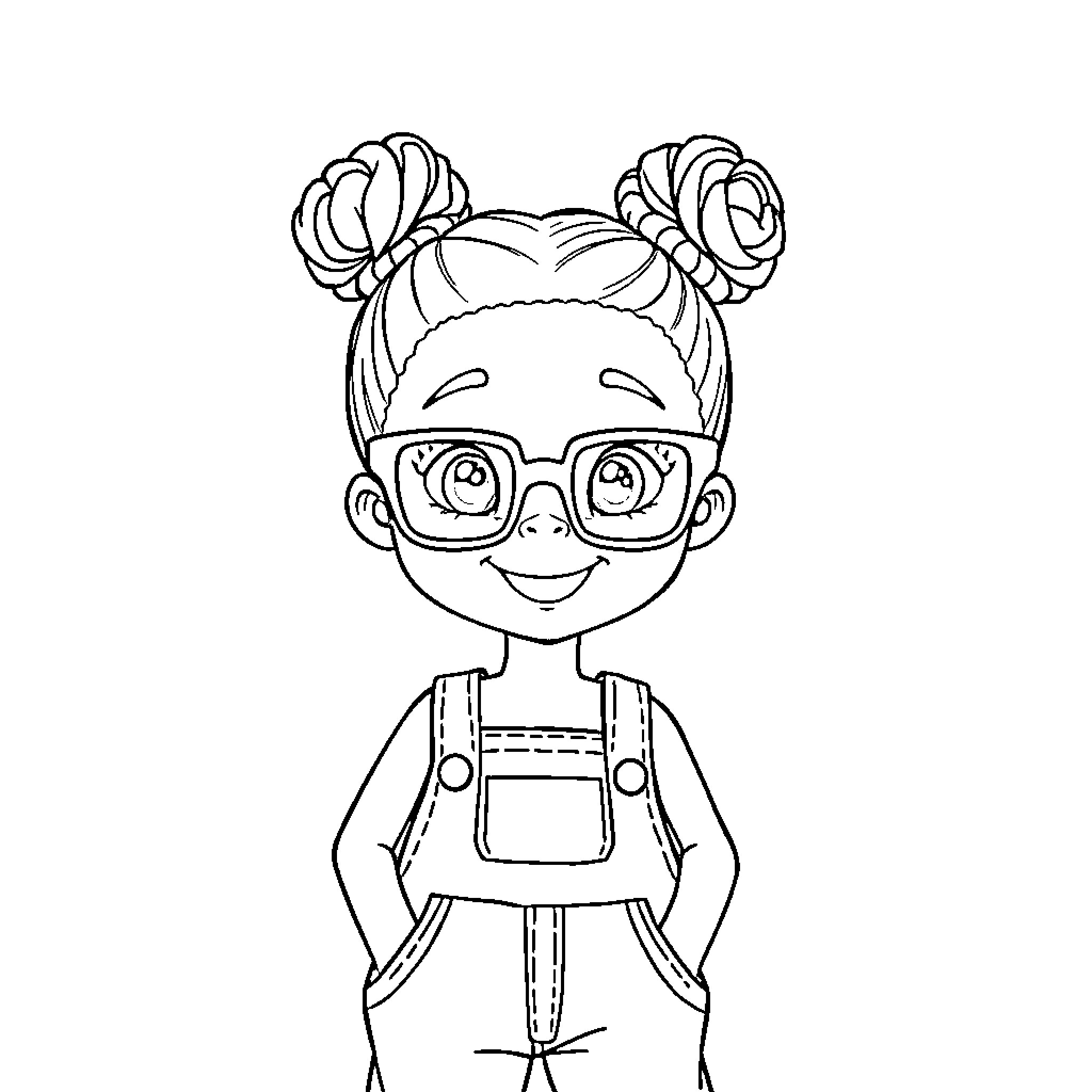Girl with buns and glasses in overall outfit Coloring Page (free black-and-white line drawing printable PDF for all, from beginners to advanced learners, including children, teens, adults, and seniors)