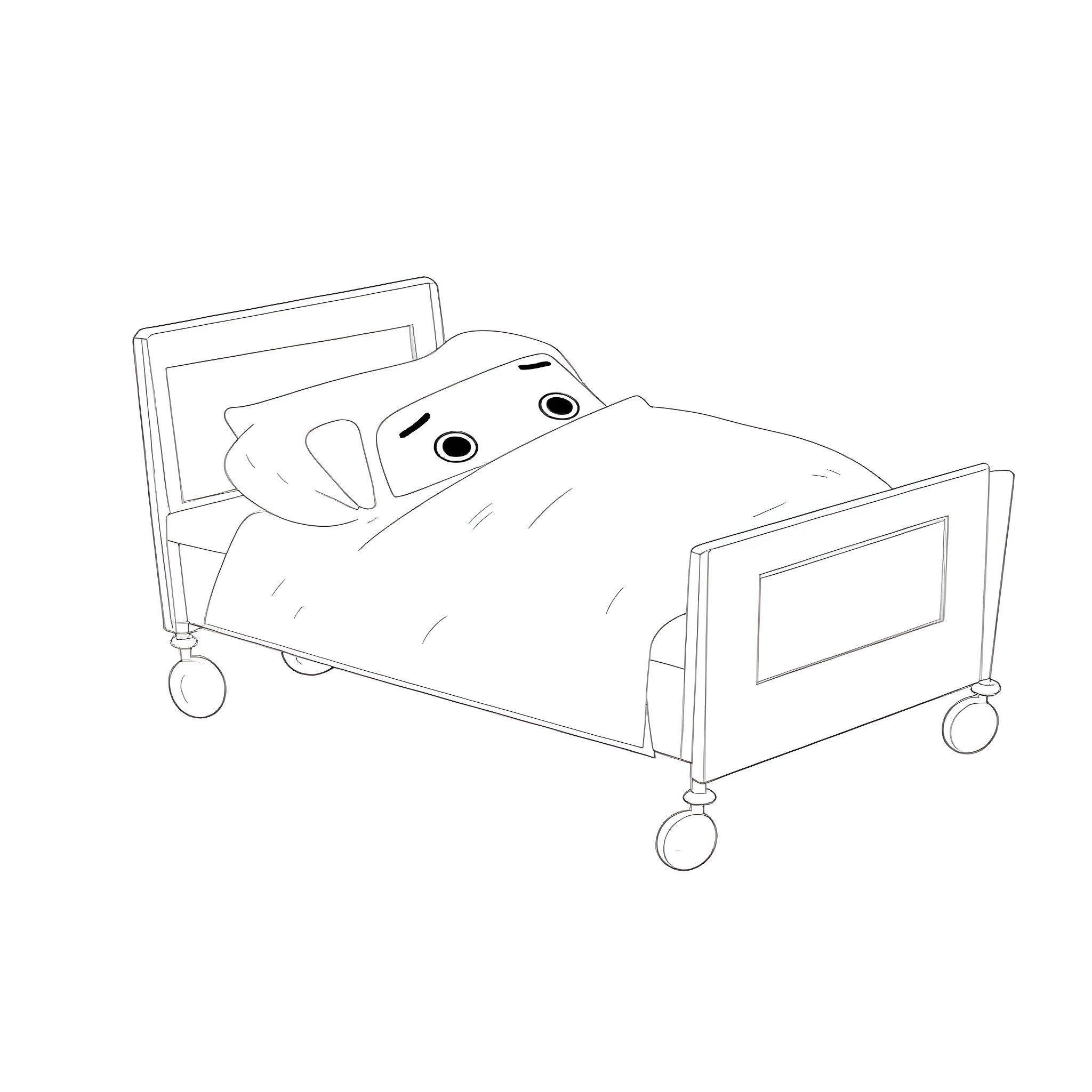 Lightning McQueen resting in hospital bed Coloring Page (free black-and-white line drawing printable PDF for all, from beginners to advanced learners, including children, teens, adults, and seniors)