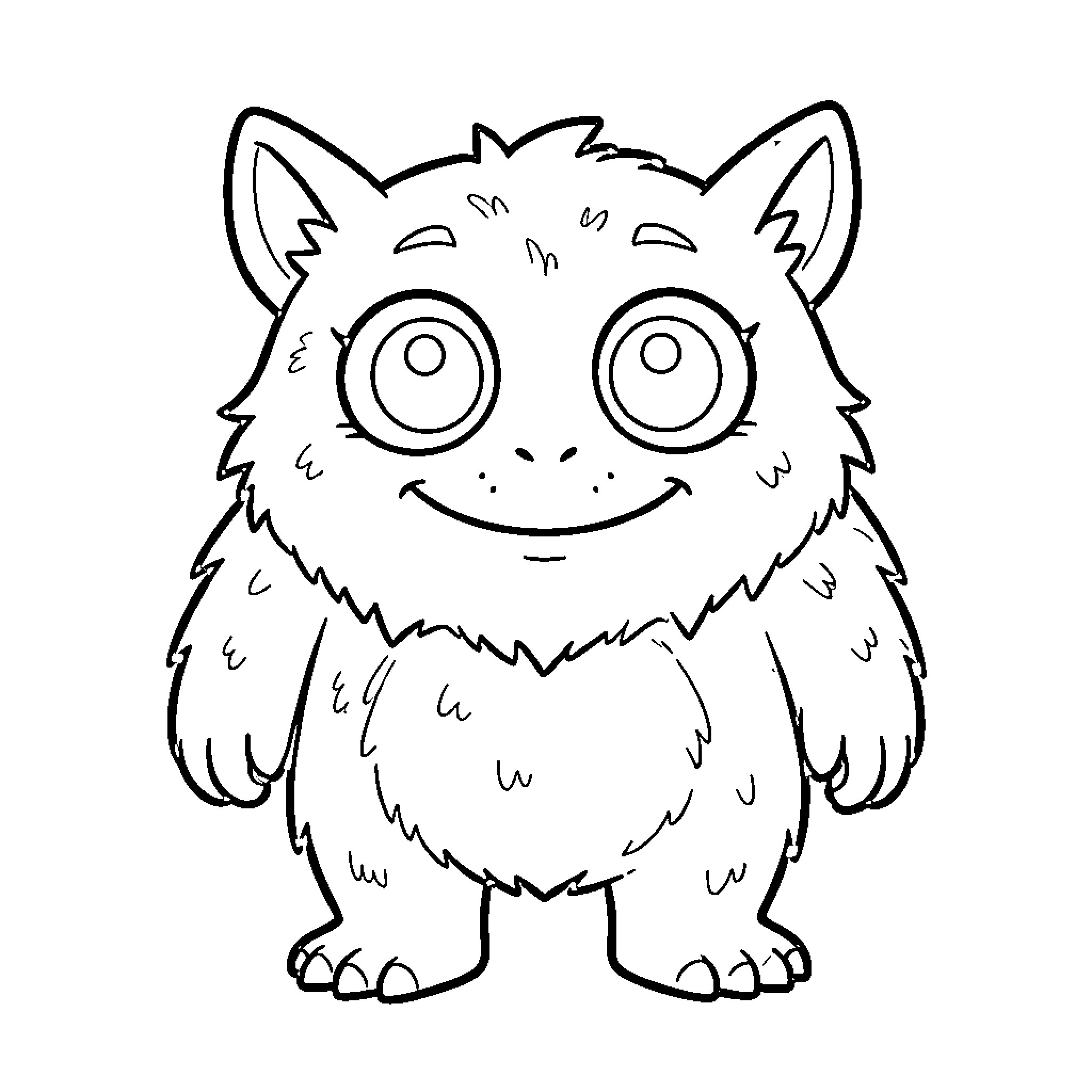 Monster smiling widely with large expressive eyes Coloring Page (free black-and-white line drawing printable PDF for all, from beginners to advanced learners, including children, teens, adults, and seniors)
