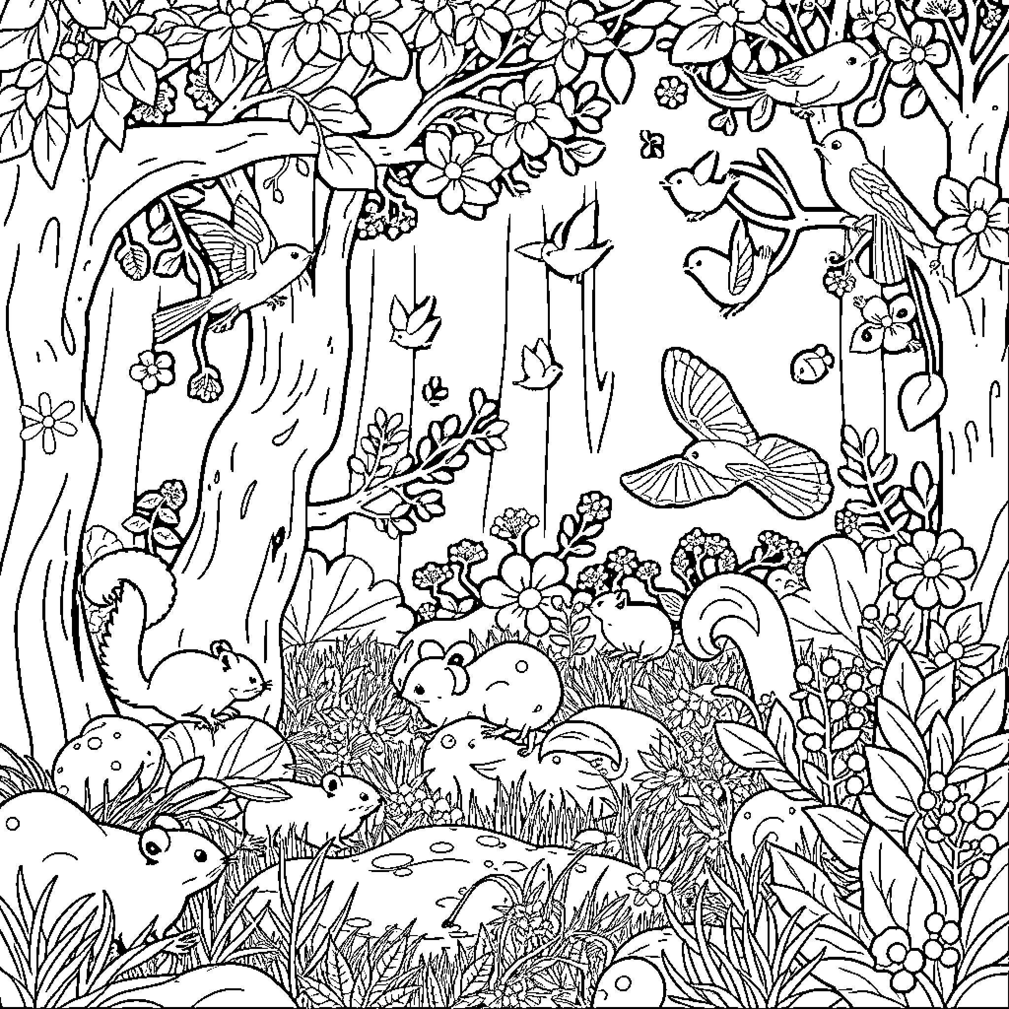 Woodland creatures in a lush garden Coloring Page (free black-and-white line drawing printable PDF for all, from beginners to advanced learners, including children, teens, adults, and seniors)
