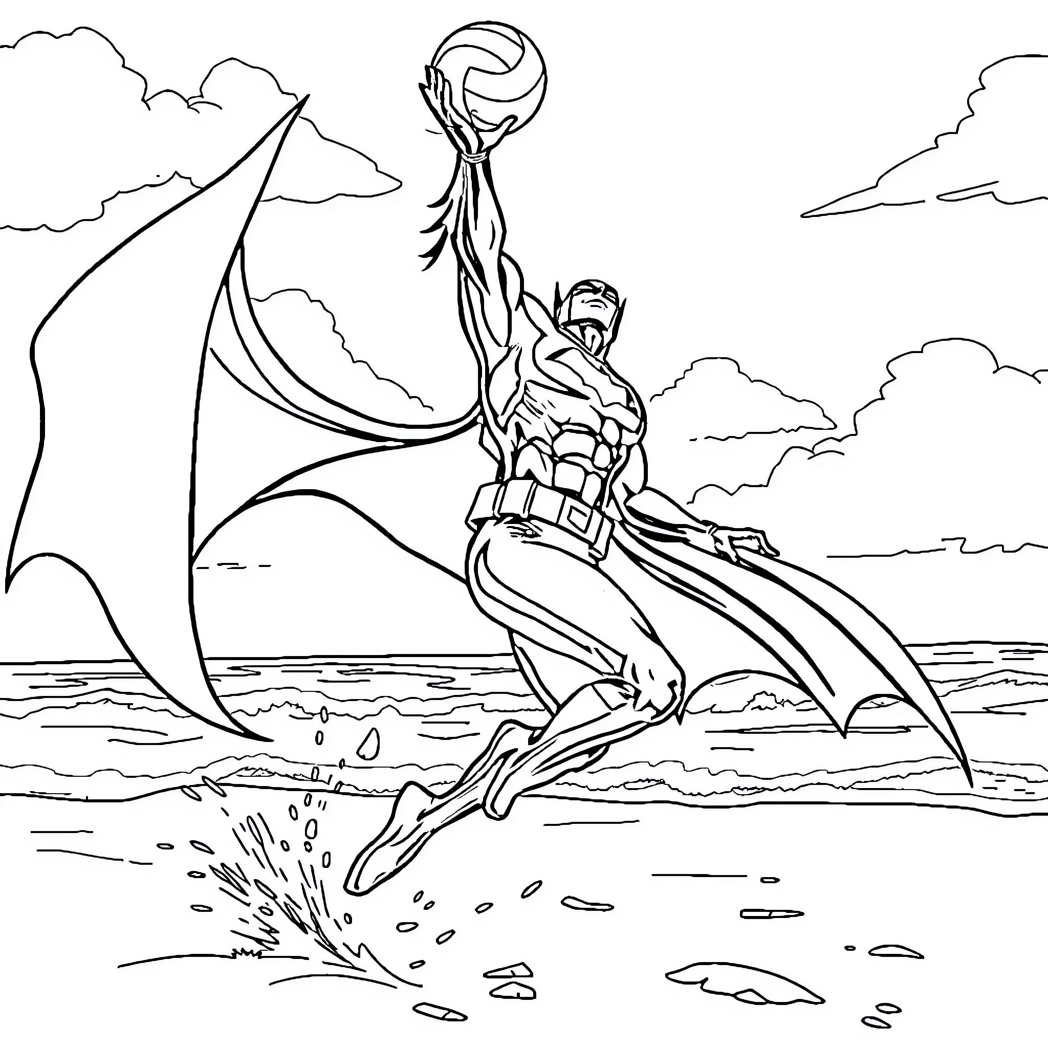 Batman soaring through the skies with his iconic cape Coloring Page (free black-and-white line drawing printable PDF for all, from beginners to advanced learners, including children, teens, adults, and seniors)