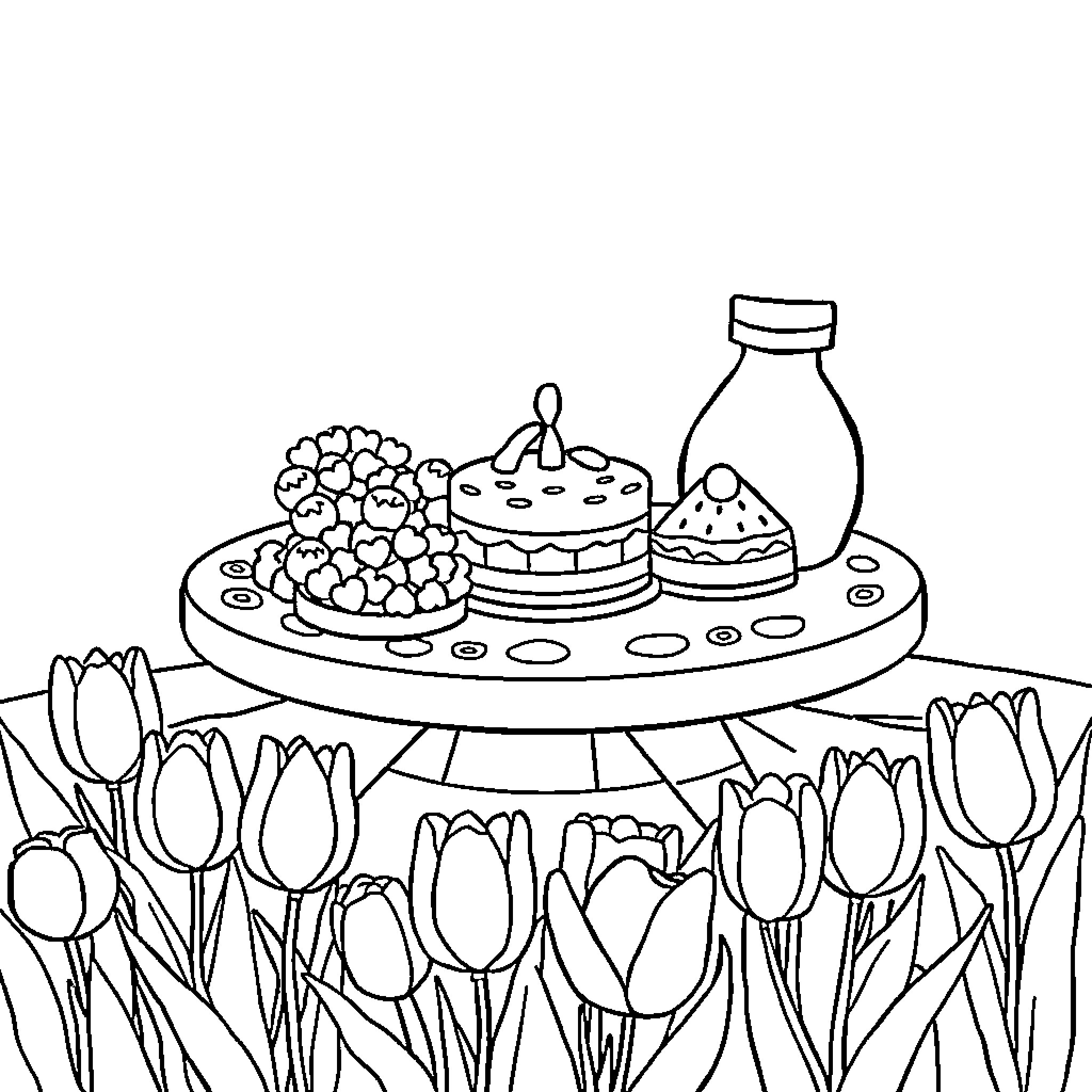 Picnic with Baked Goods and Flowers Coloring Page (free black-and-white line drawing printable PDF for all, from beginners to advanced learners, including children, teens, adults, and seniors)