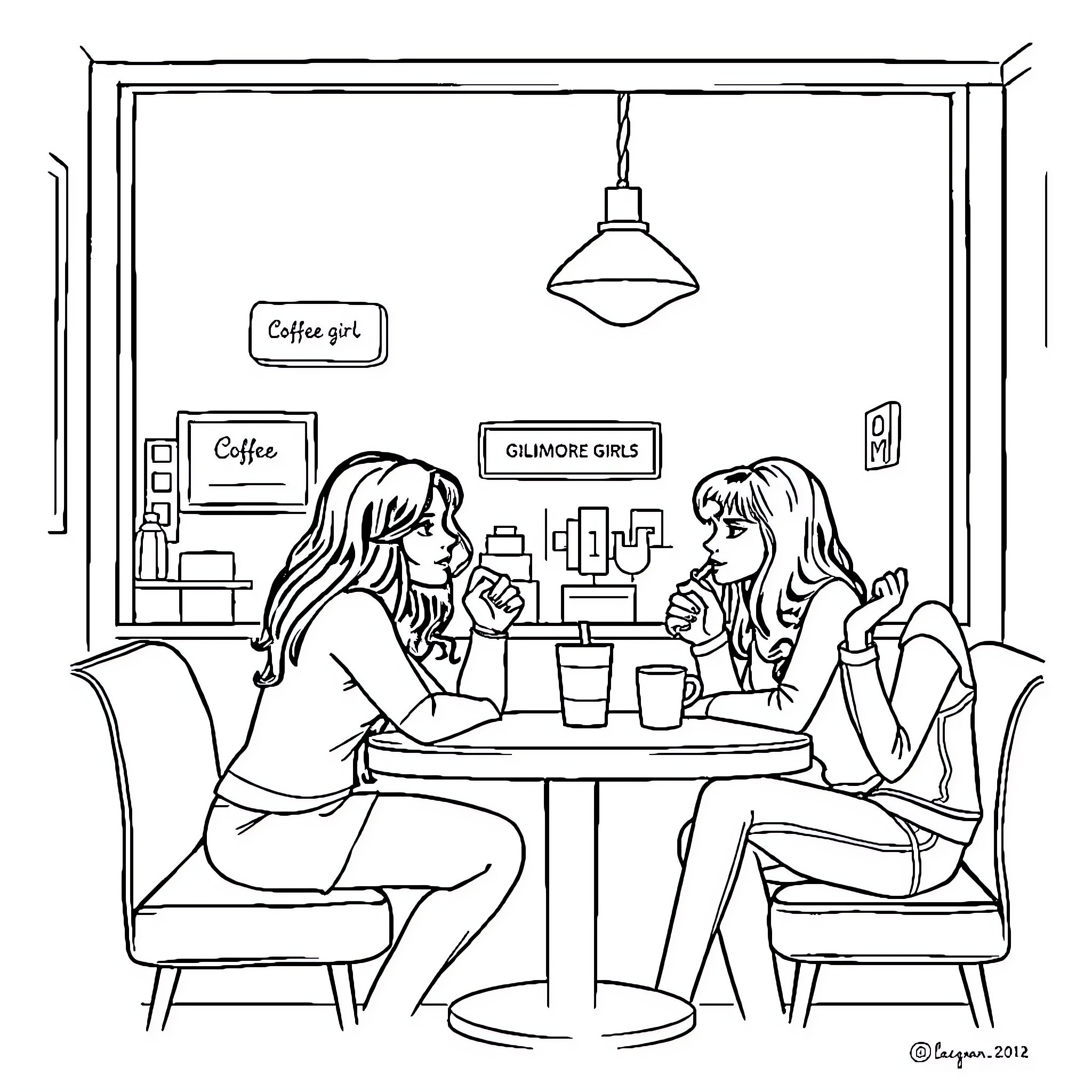 Gilmore Girls enjoying coffee in a cafe Coloring Page (free black-and-white line drawing printable PDF for all, from beginners to advanced learners, including children, teens, adults, and seniors)