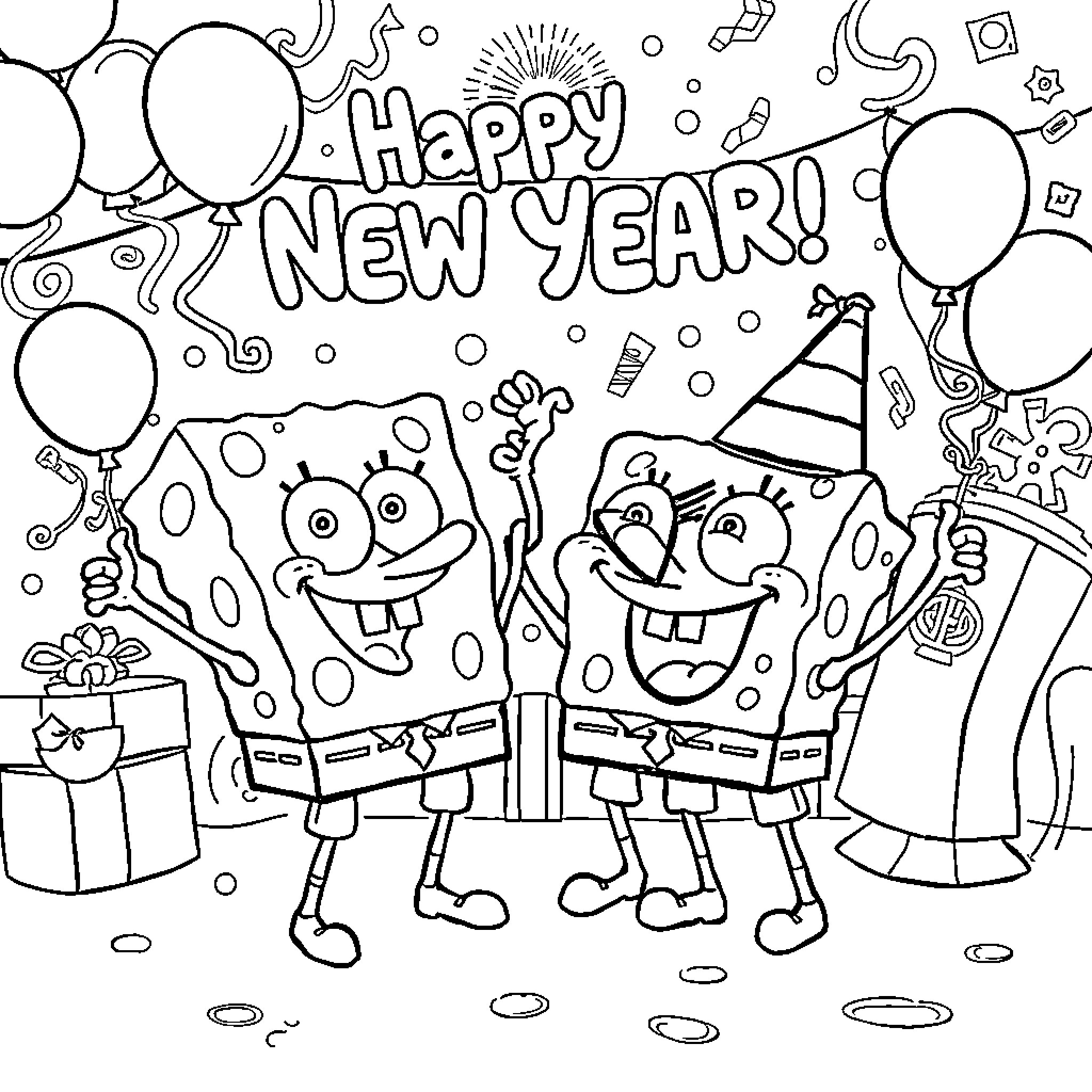 Spongebob characters celebrating the new year Coloring Page (free black-and-white line drawing printable PDF for all, from beginners to advanced learners, including children, teens, adults, and seniors)