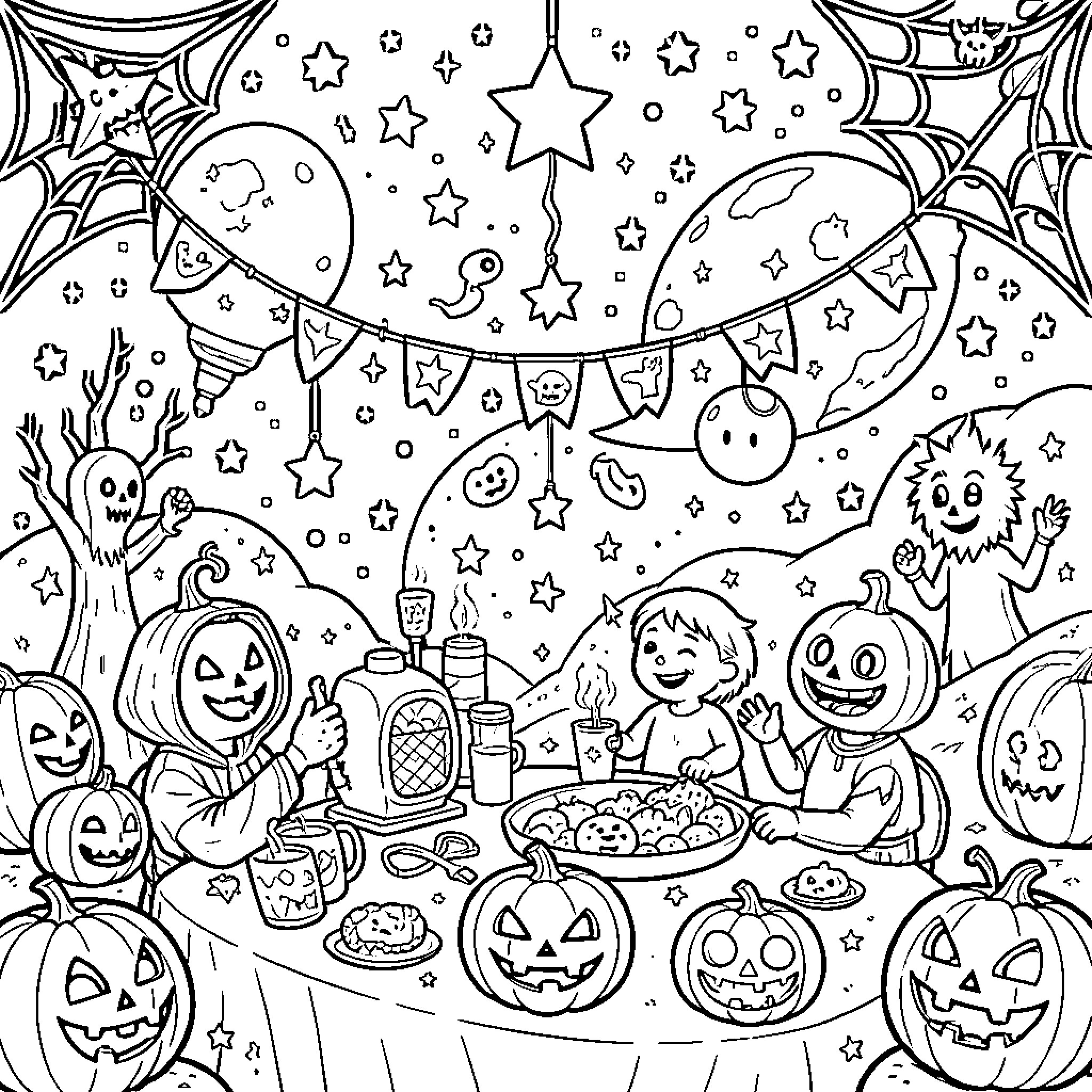 Halloween characters celebrating at a festive dinner party Coloring Page (free black-and-white line drawing printable PDF for all, from beginners to advanced learners, including children, teens, adults, and seniors)