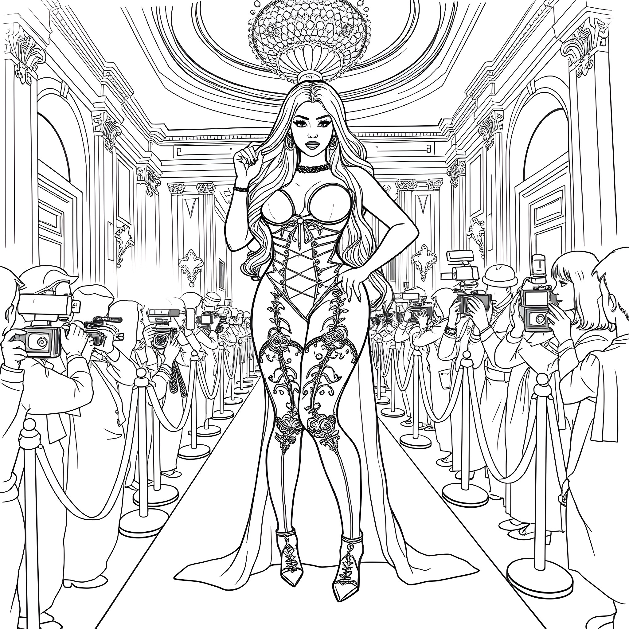 Nicki Minaj Strutting on the Red Carpet Coloring Page (free black-and-white line drawing printable PDF for all, from beginners to advanced learners, including children, teens, adults, and seniors)
