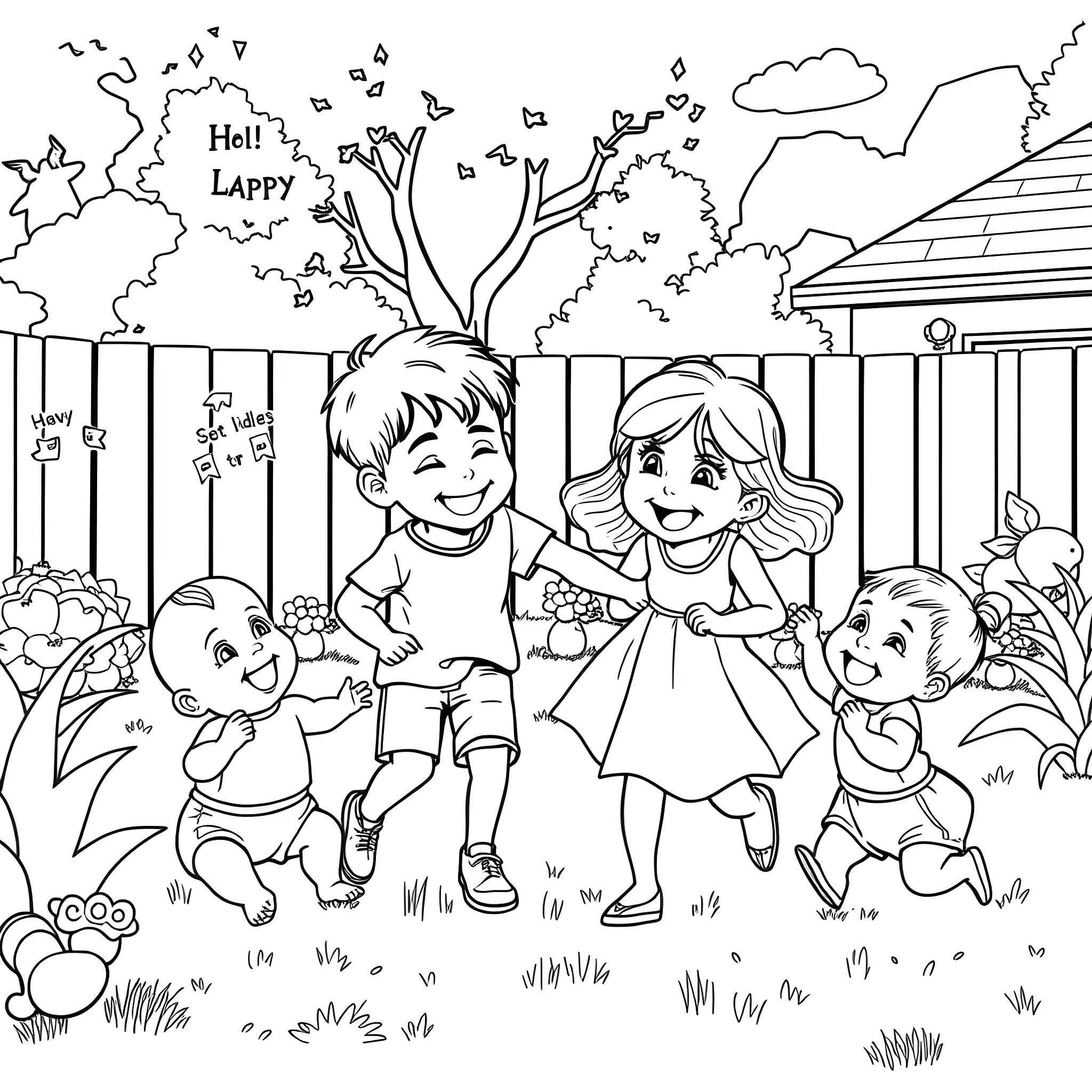 Siblings playing happily in the backyard Coloring Page (free black-and-white line drawing printable PDF for all, from beginners to advanced learners, including children, teens, adults, and seniors)