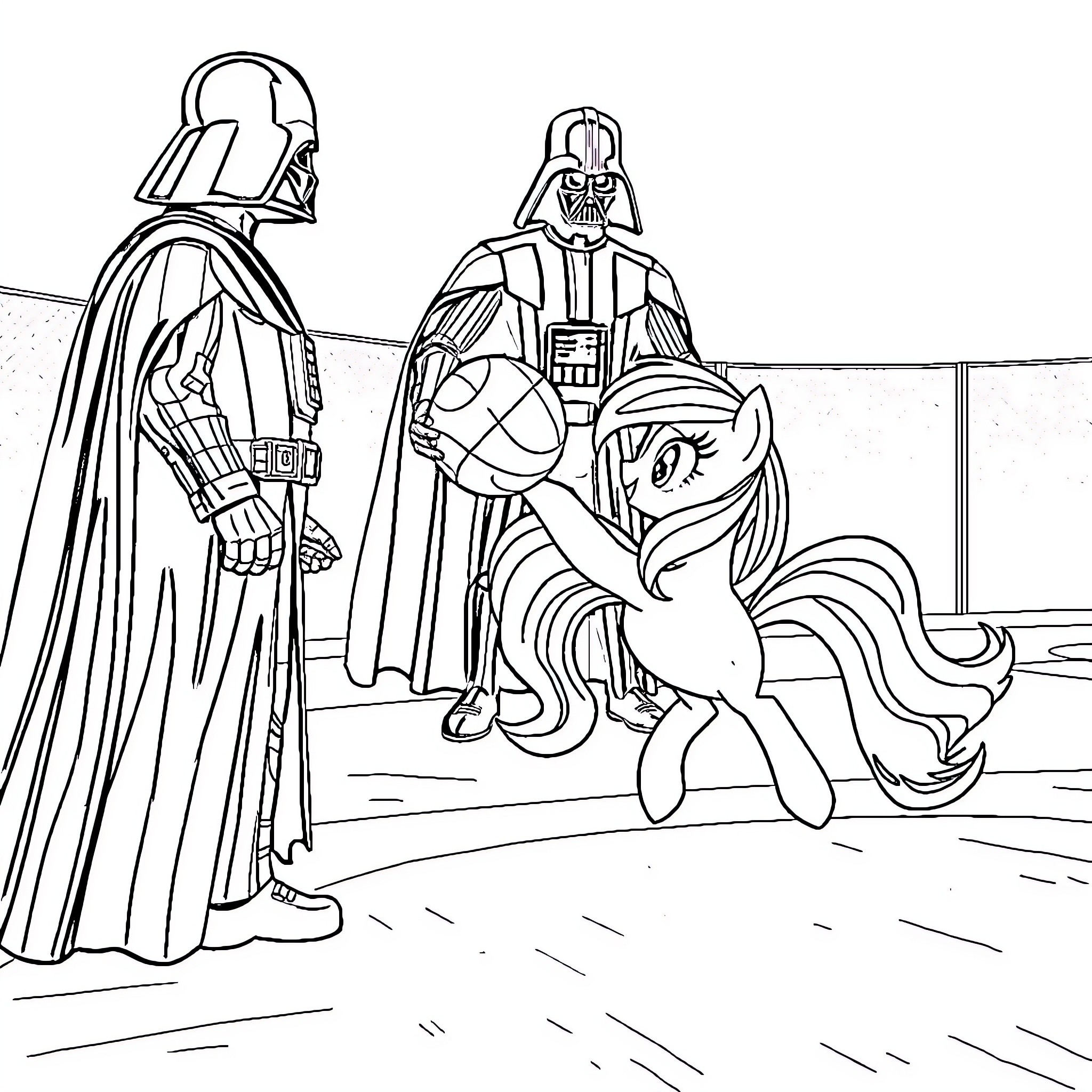 Rainbow Dash meets Darth Vader in a Star Wars scene Coloring Page (free black-and-white line drawing printable PDF for all, from beginners to advanced learners, including children, teens, adults, and seniors)