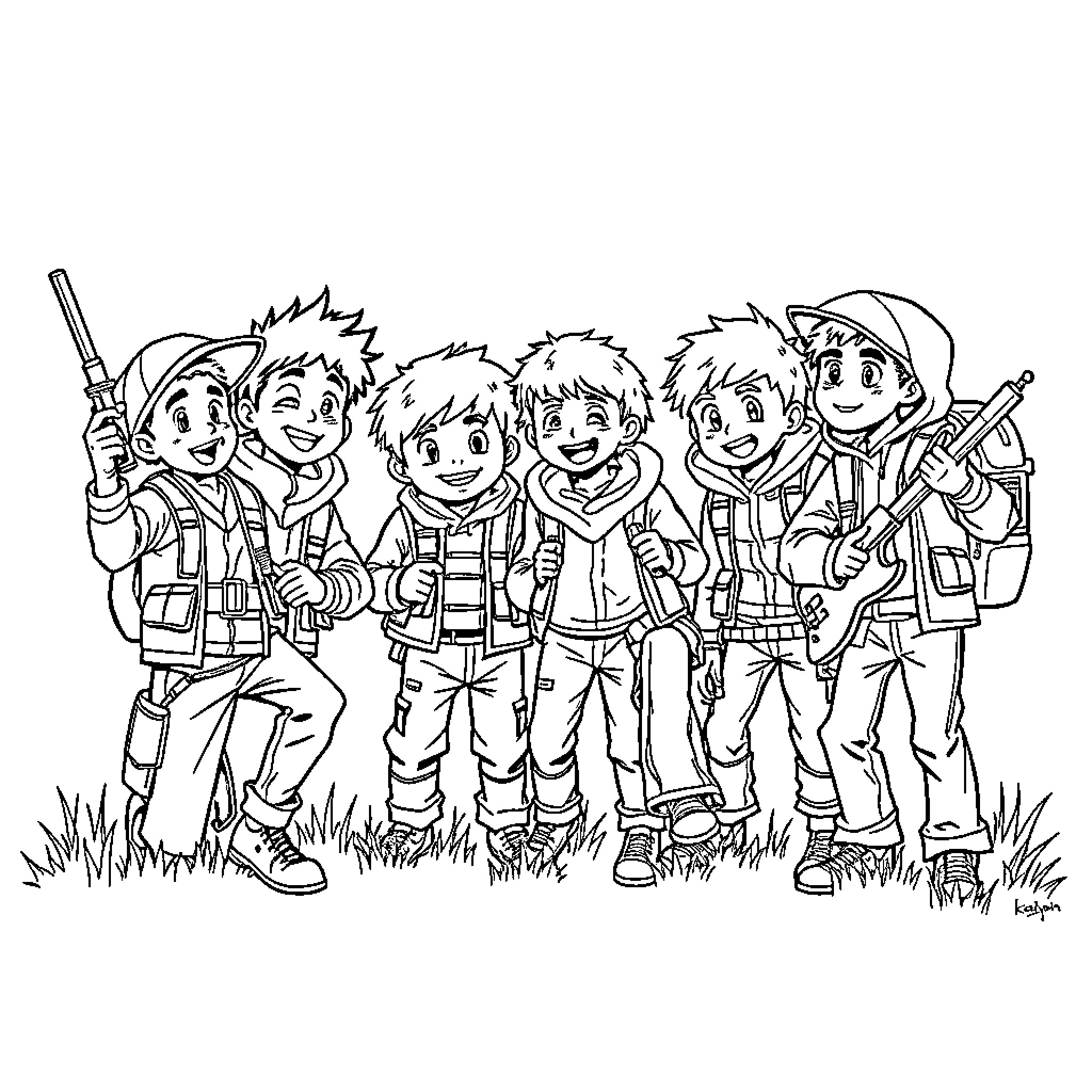 Huntrix Squad Exploring the Wilderness Coloring Page (free black-and-white line drawing printable PDF for all, from beginners to advanced learners, including children, teens, adults, and seniors)