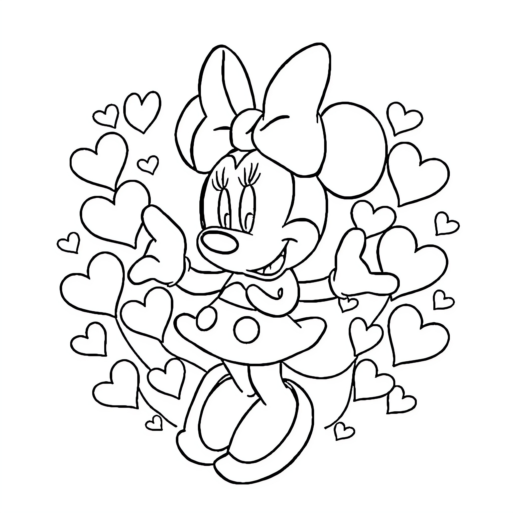 Minnie surrounded by hearts in a happy pose Coloring Page (free black-and-white line drawing printable PDF for all, from beginners to advanced learners, including children, teens, adults, and seniors)