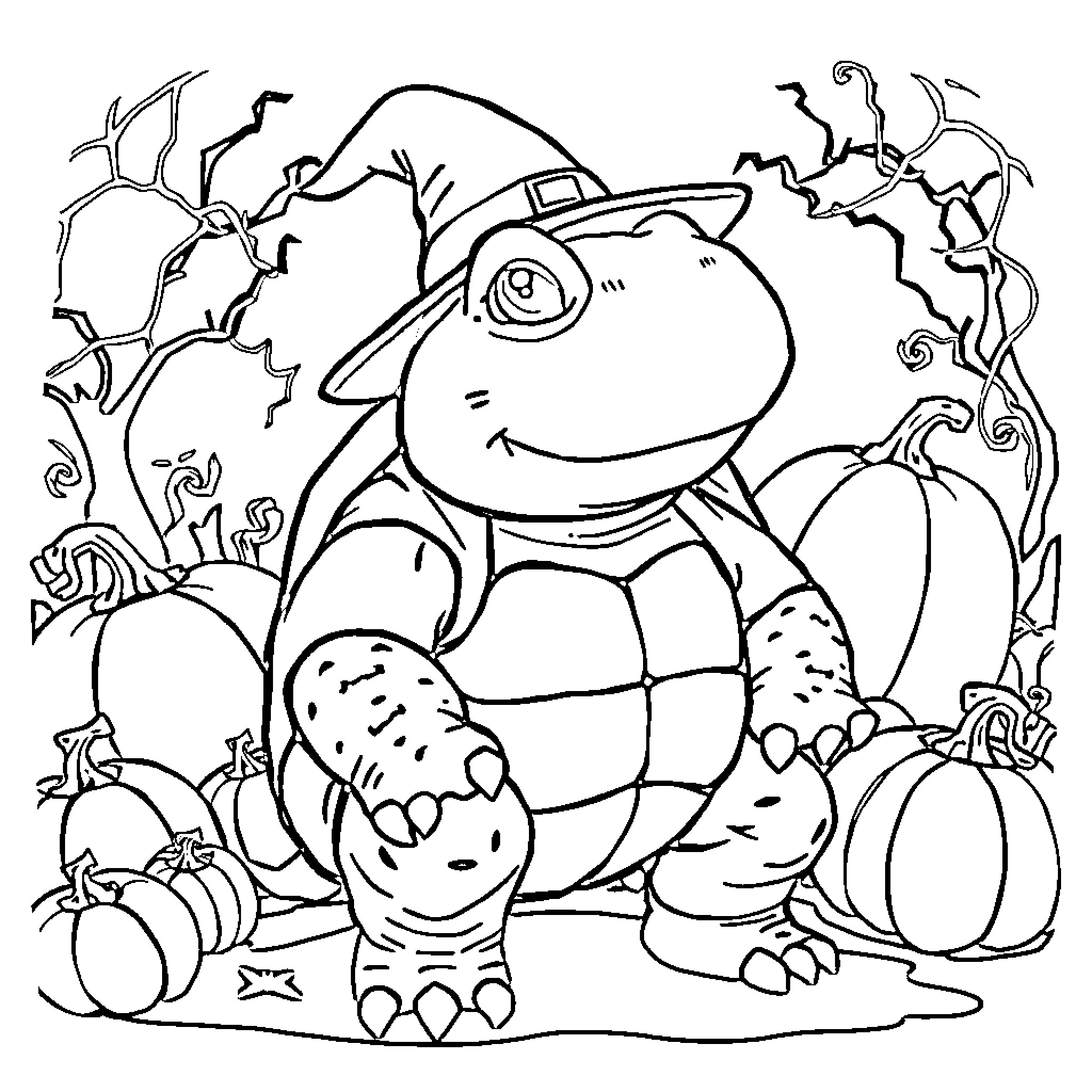 Blastoise enjoying a spooky Halloween scene Coloring Page (free black-and-white line drawing printable PDF for all, from beginners to advanced learners, including children, teens, adults, and seniors)