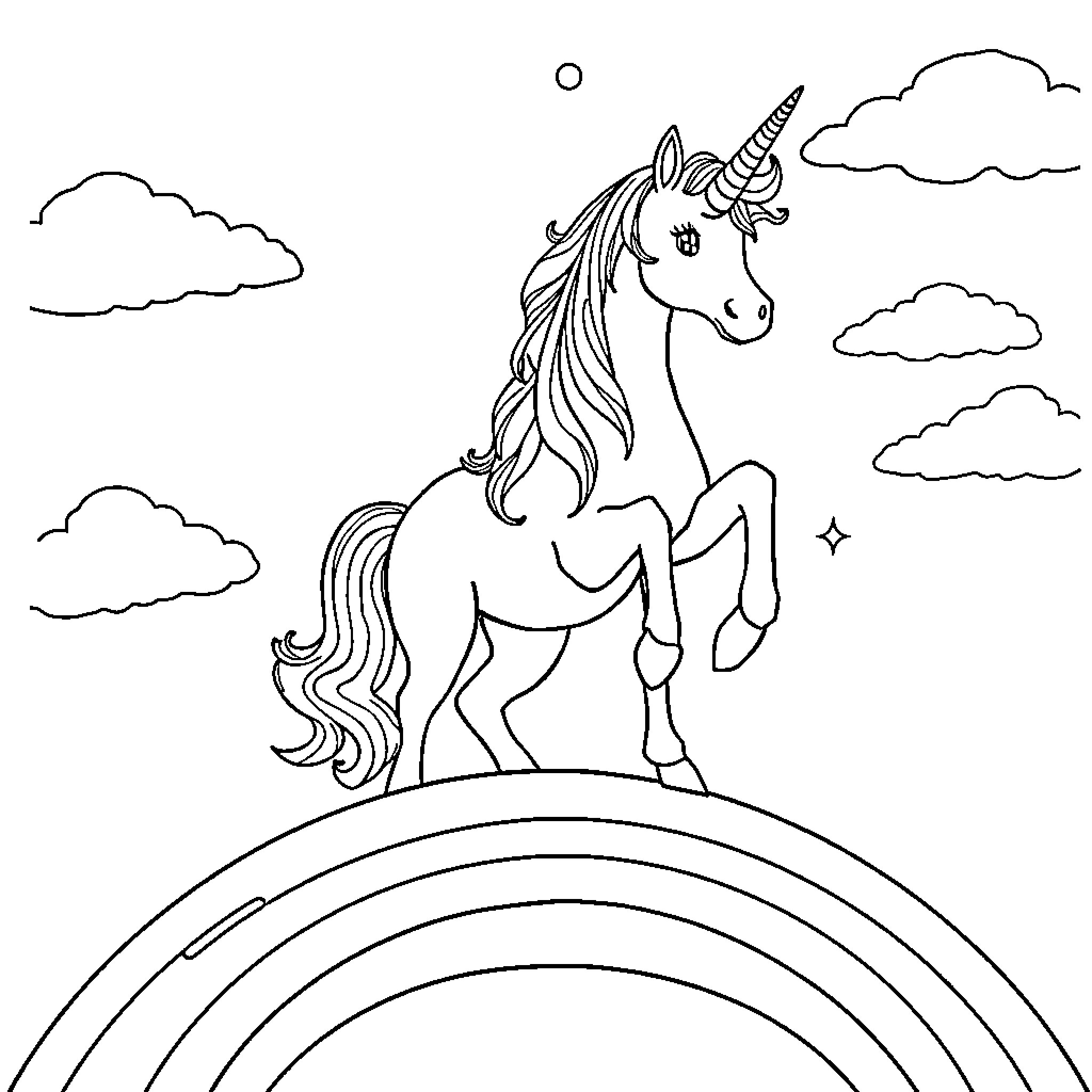 Unicorn standing on a rainbow in the sky Coloring Page (free black-and-white line drawing printable PDF for all, from beginners to advanced learners, including children, teens, adults, and seniors)
