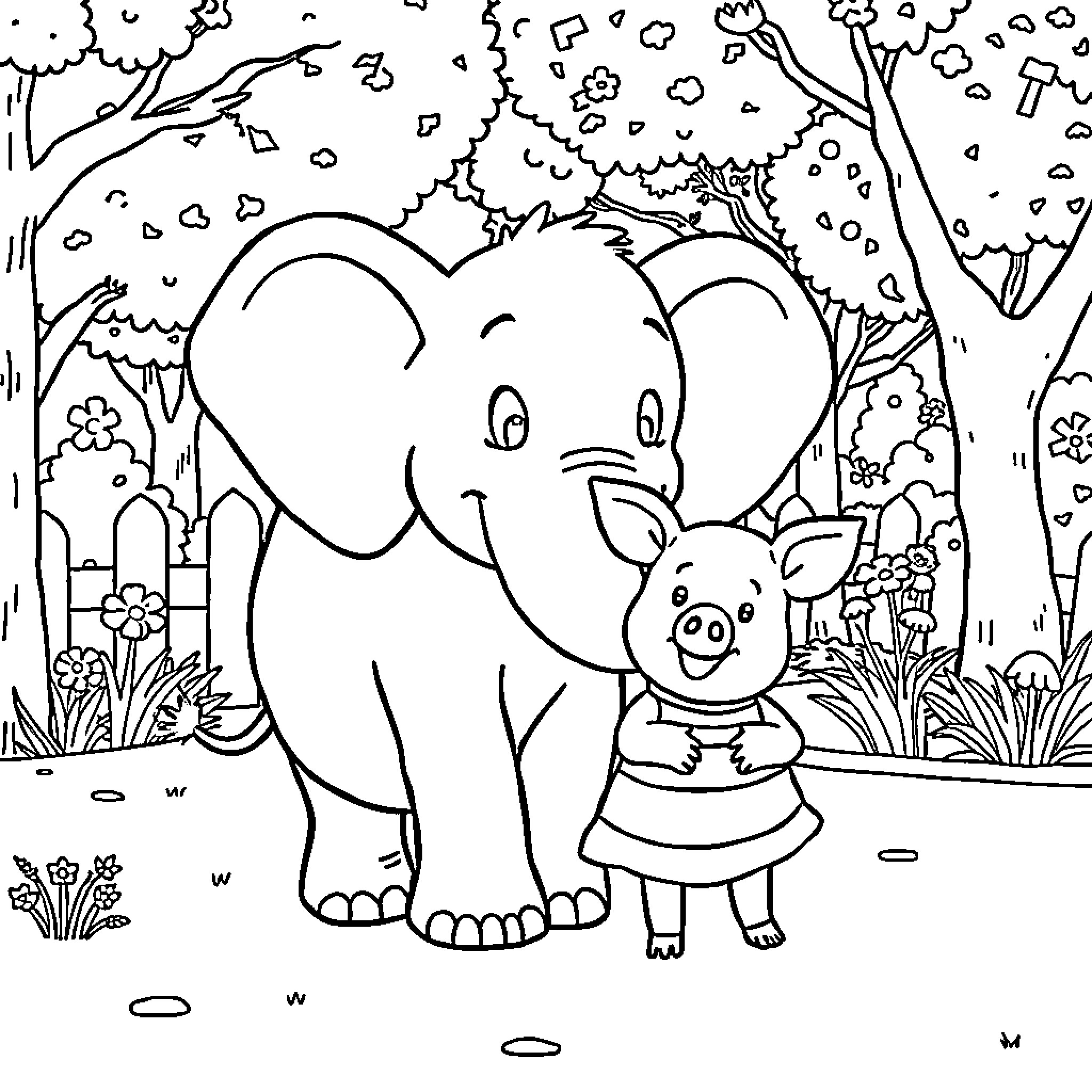 Elephant and Piggie playing in the forest Coloring Page (free black-and-white line drawing printable PDF for all, from beginners to advanced learners, including children, teens, adults, and seniors)