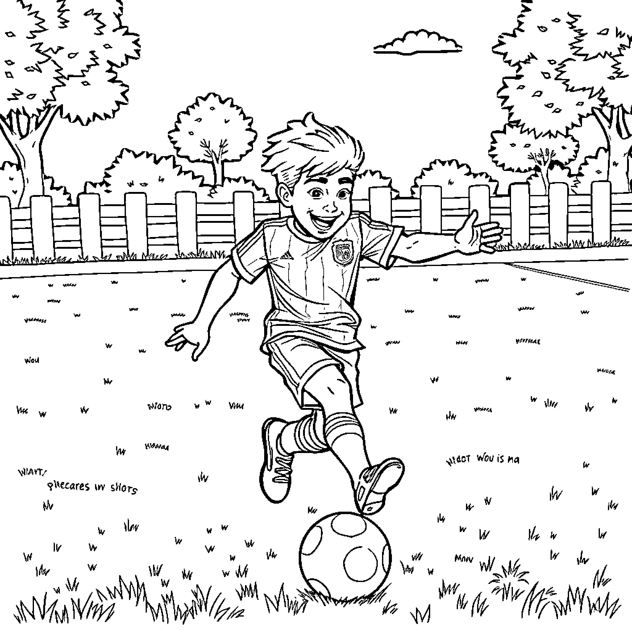 Clown playing soccer in the park Coloring Page (free black-and-white line drawing printable PDF for all, from beginners to advanced learners, including children, teens, adults, and seniors)