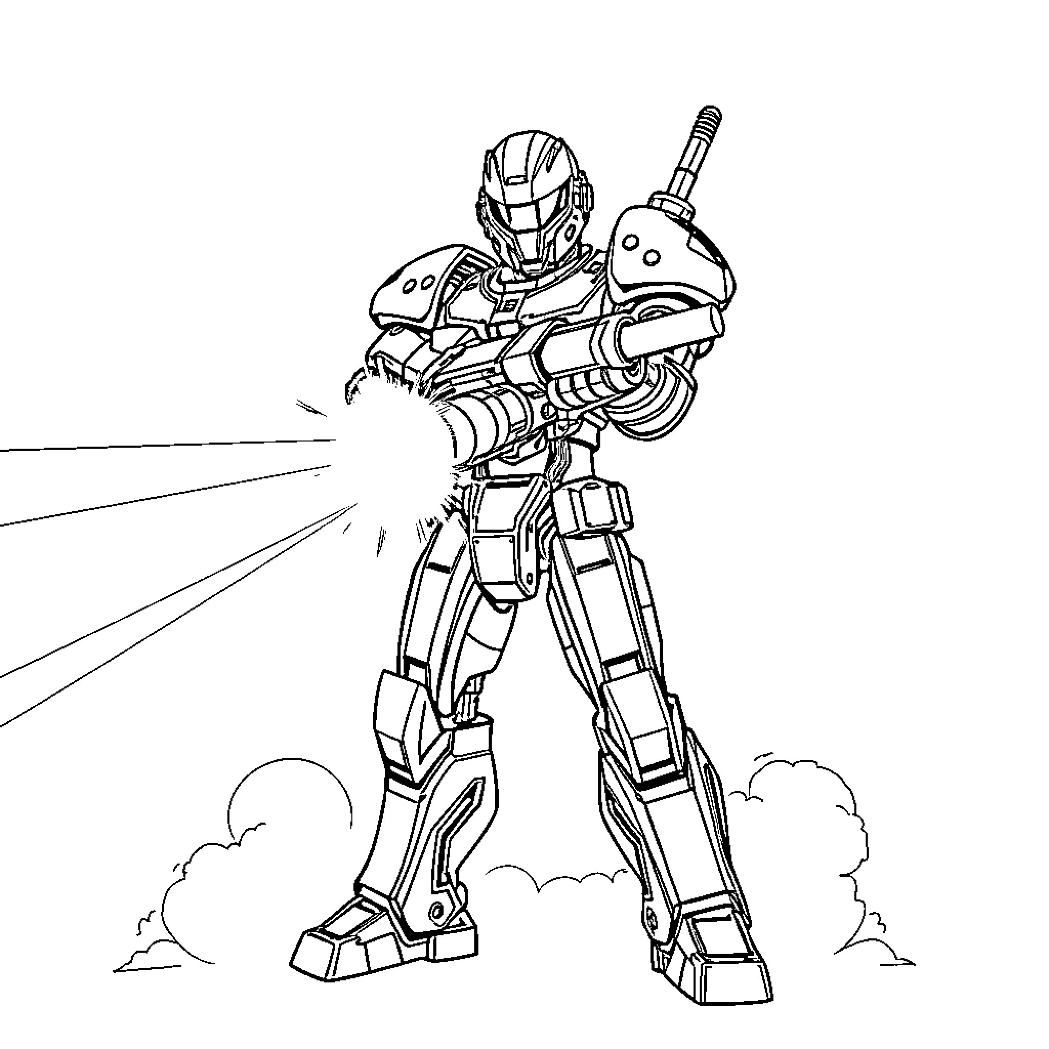 Cyborg warrior brandishing futuristic weapon Coloring Page (free black-and-white line drawing printable PDF for all, from beginners to advanced learners, including children, teens, adults, and seniors)