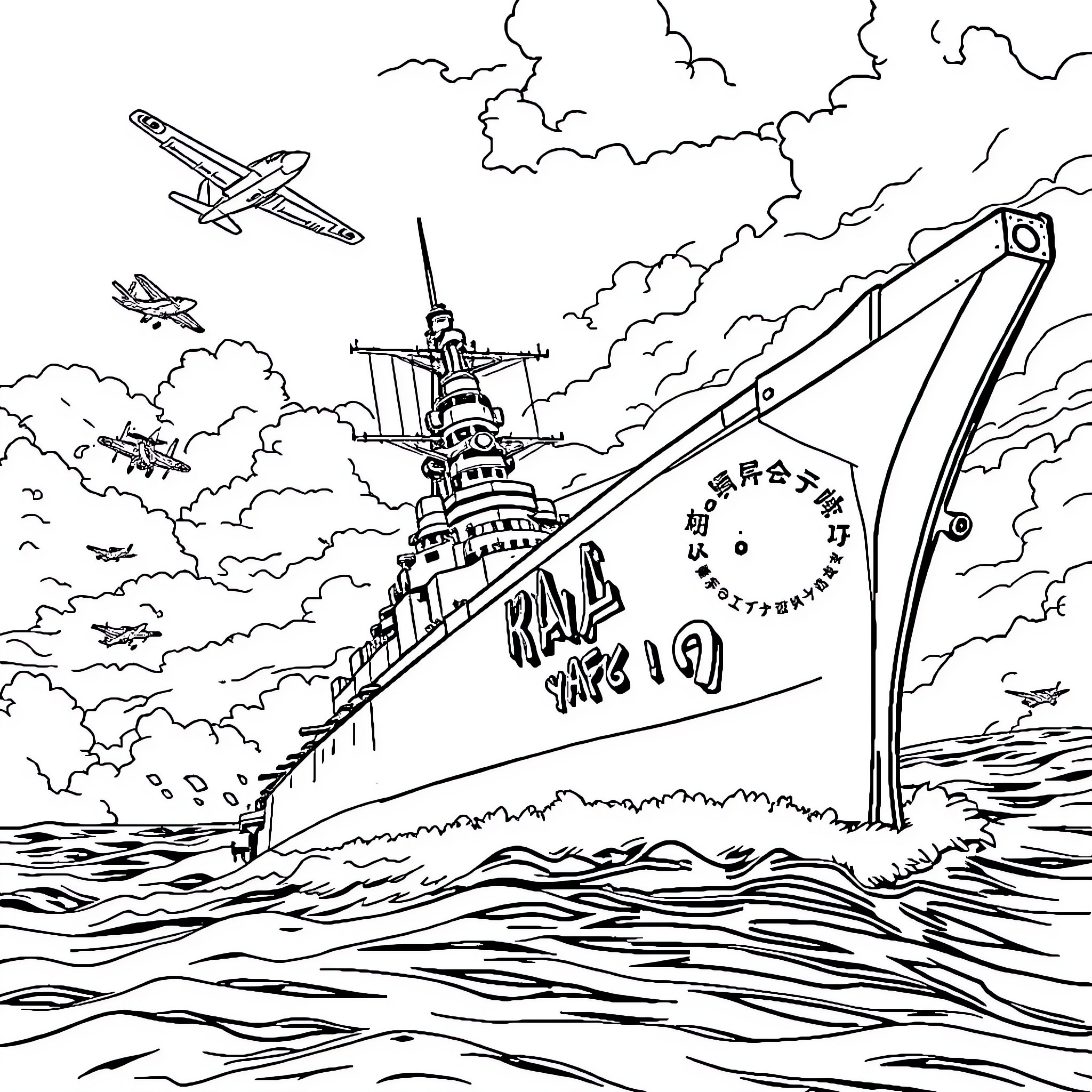 Battleship warship sailing through stormy seas Coloring Page (free black-and-white line drawing printable PDF for all, from beginners to advanced learners, including children, teens, adults, and seniors)