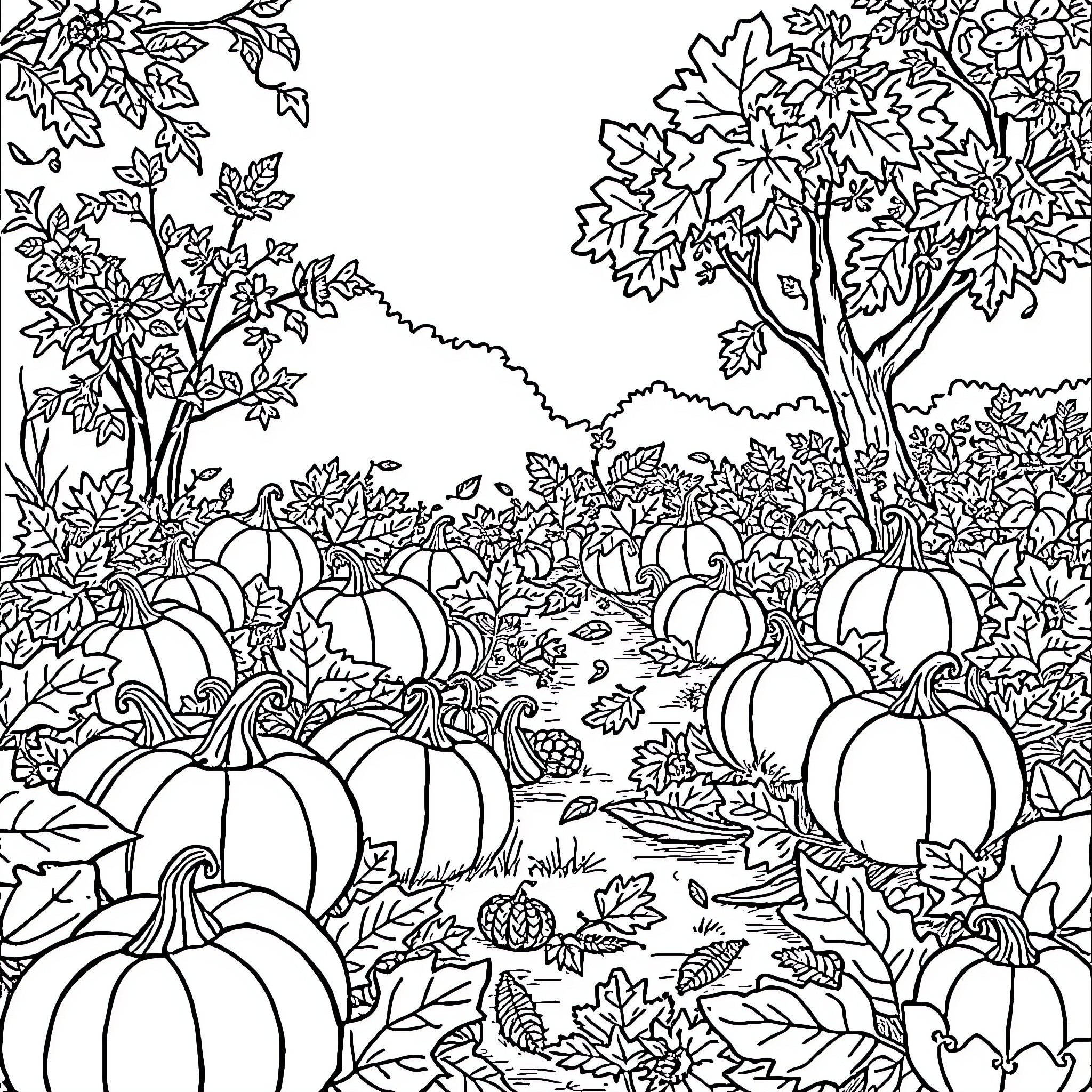 Pumpkins in an Autumn Wonderland Coloring Page (free black-and-white line drawing printable PDF for all, from beginners to advanced learners, including children, teens, adults, and seniors)