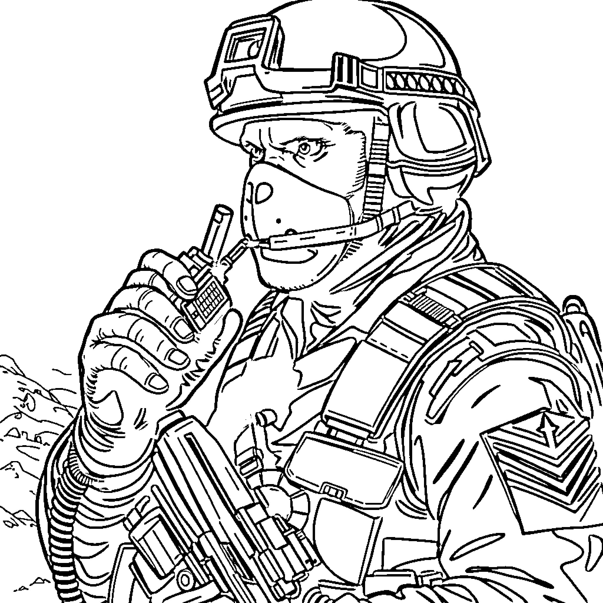 Navy SEAL in Combat Gear with Assault Rifle Coloring Page (free black-and-white line drawing printable PDF for all, from beginners to advanced learners, including children, teens, adults, and seniors)