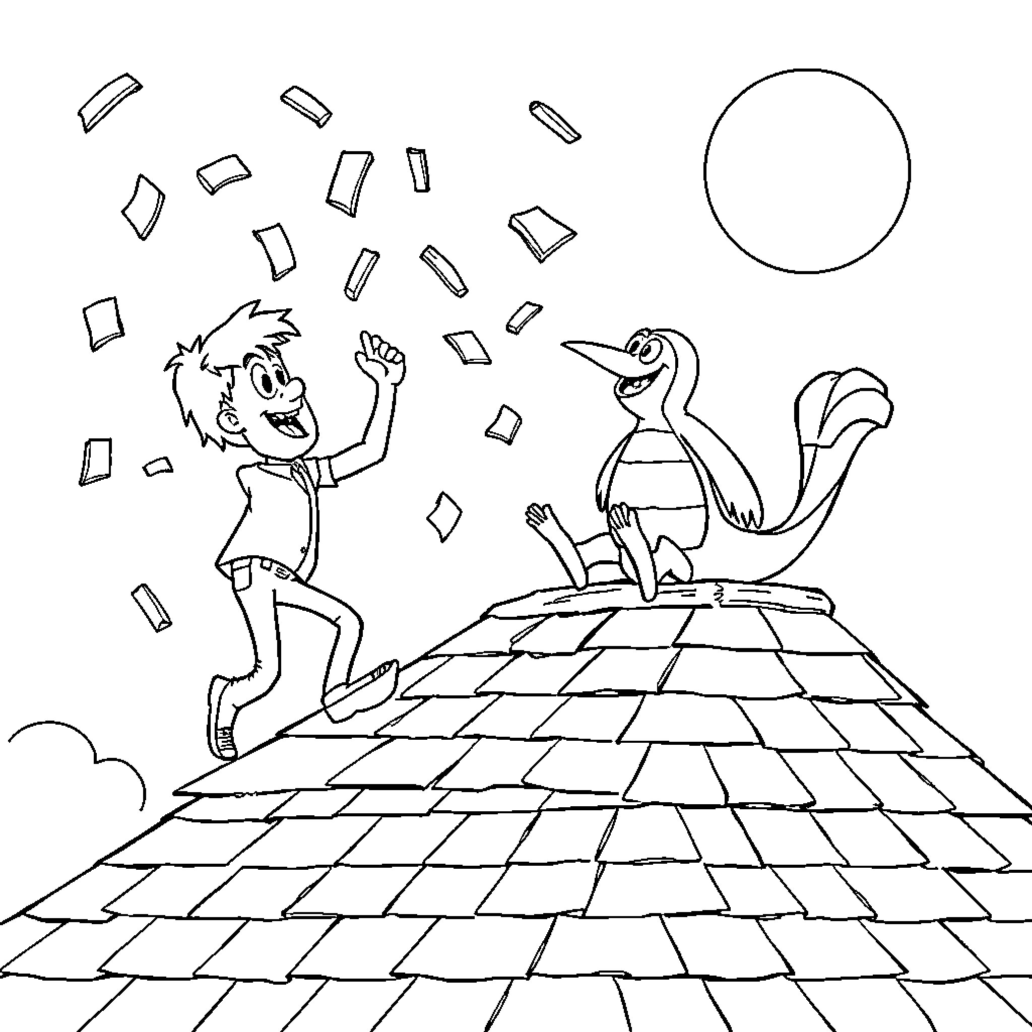 Shingle Shaker Characters Playfully Interacting Coloring Page (free black-and-white line drawing printable PDF for all, from beginners to advanced learners, including children, teens, adults, and seniors)