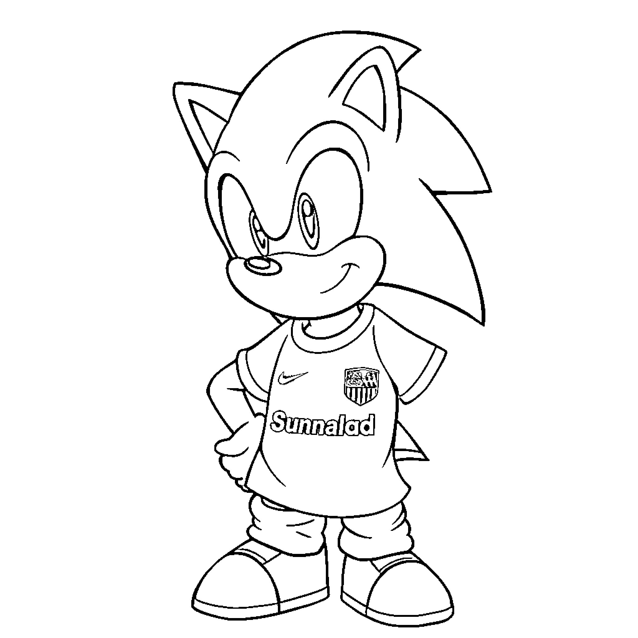 Sonic character in sports jersey Coloring Page (free black-and-white line drawing printable PDF for all, from beginners to advanced learners, including children, teens, adults, and seniors)