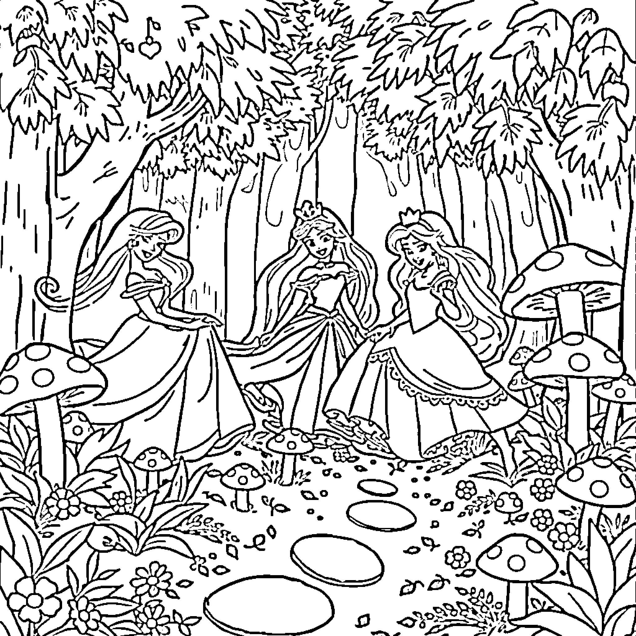 Disney Princess Fantasy Forest Scene Coloring Page (free black-and-white line drawing printable PDF for all, from beginners to advanced learners, including children, teens, adults, and seniors)