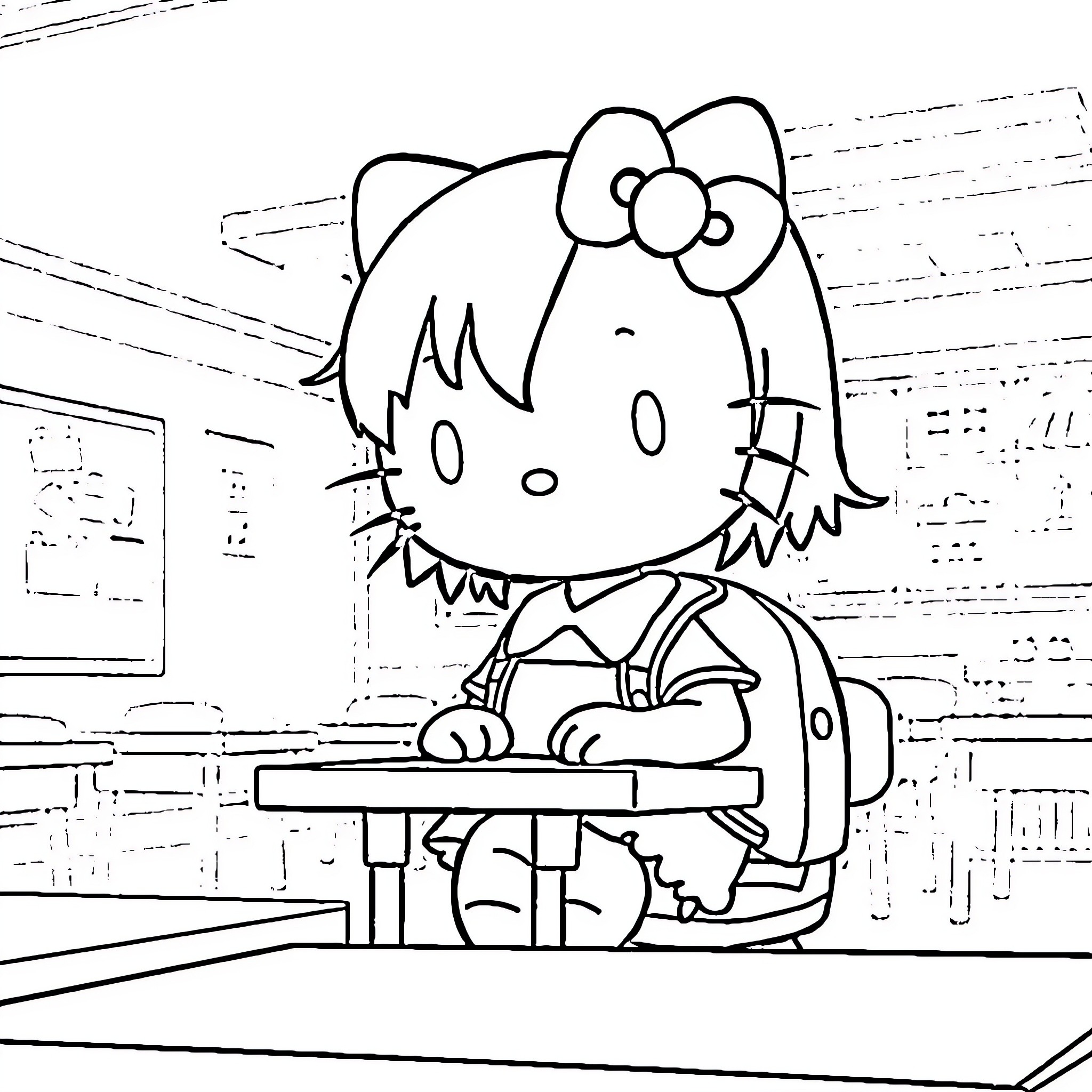 Kuromi napping on the desk in the classroom Coloring Page (free black-and-white line drawing printable PDF for all, from beginners to advanced learners, including children, teens, adults, and seniors)