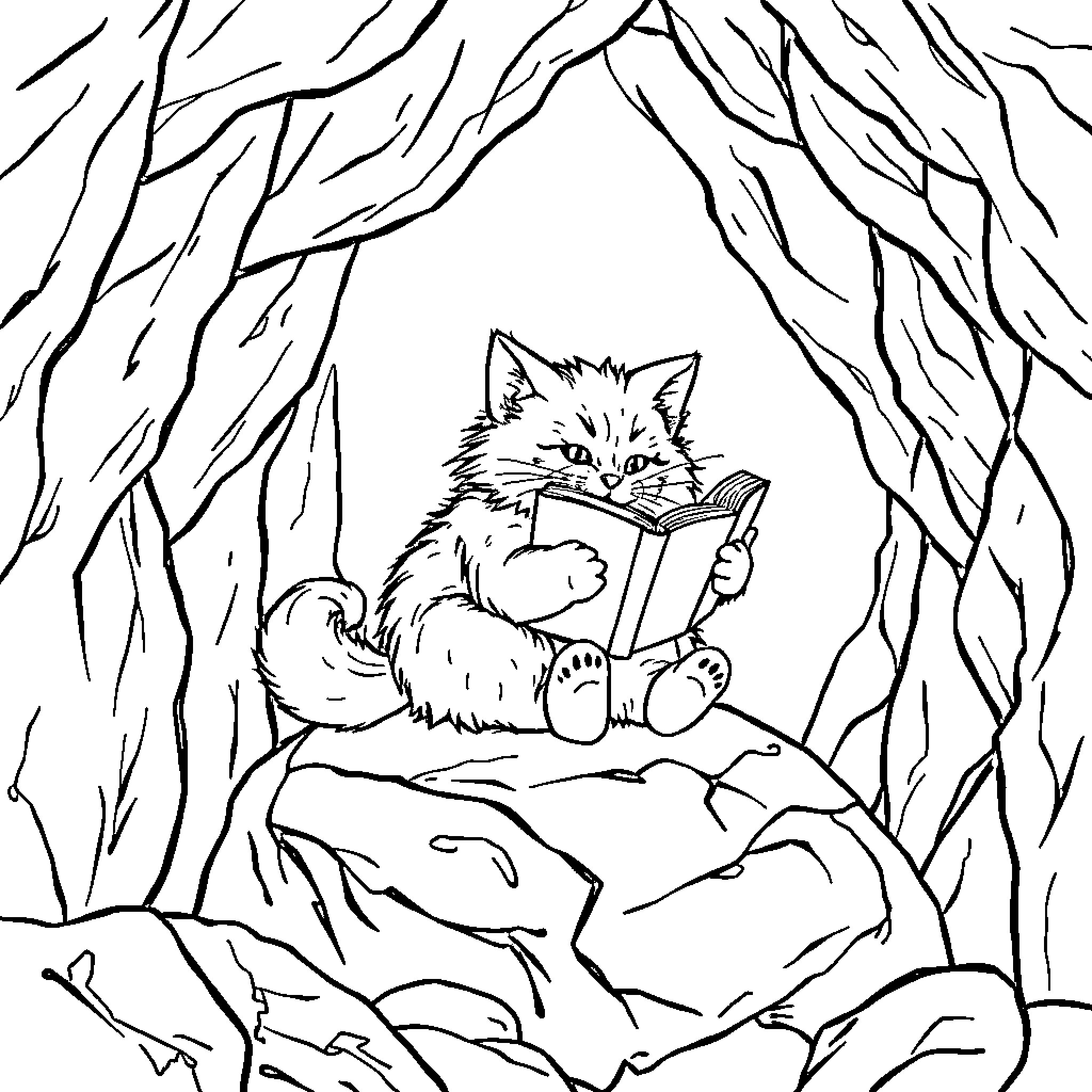 Cat reading a book in the forest Coloring Page (free black-and-white line drawing printable PDF for all, from beginners to advanced learners, including children, teens, adults, and seniors)