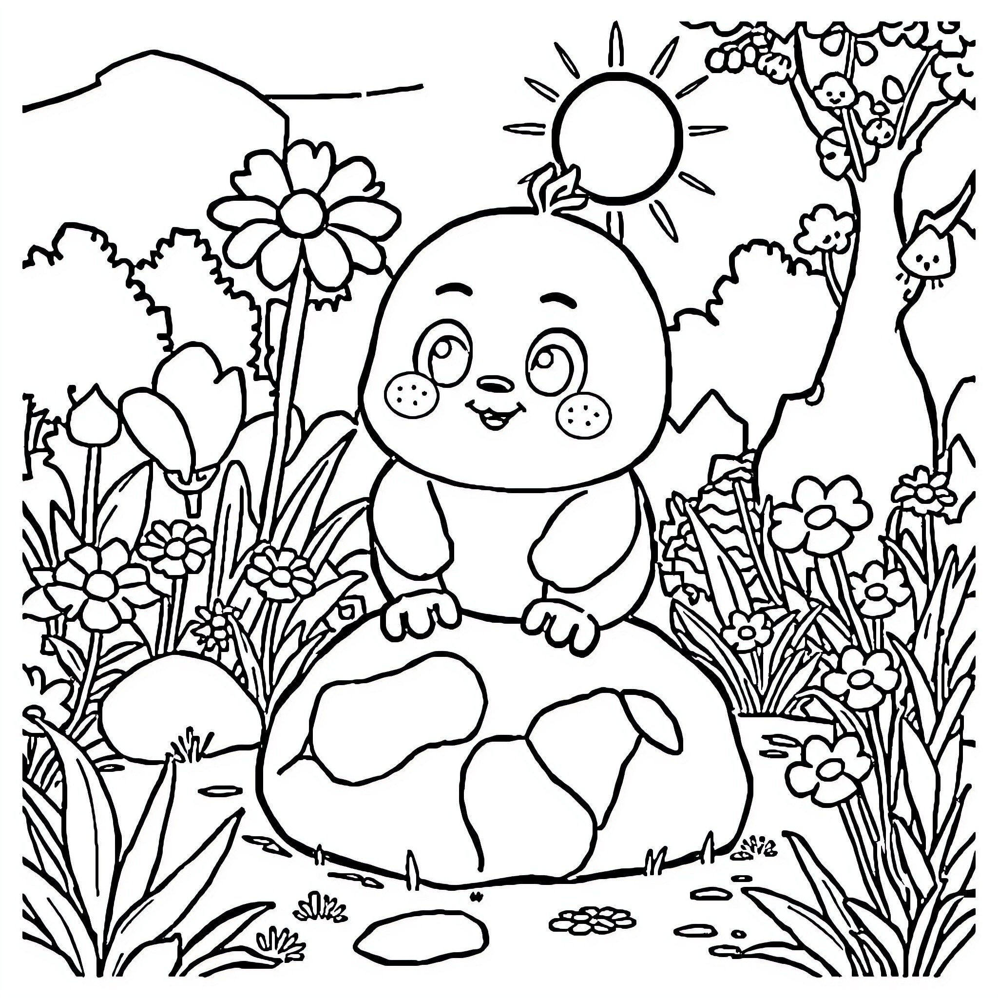 Makka Pakka enjoying a sunny day in the garden Coloring Page (free black-and-white line drawing printable PDF for all, from beginners to advanced learners, including children, teens, adults, and seniors)