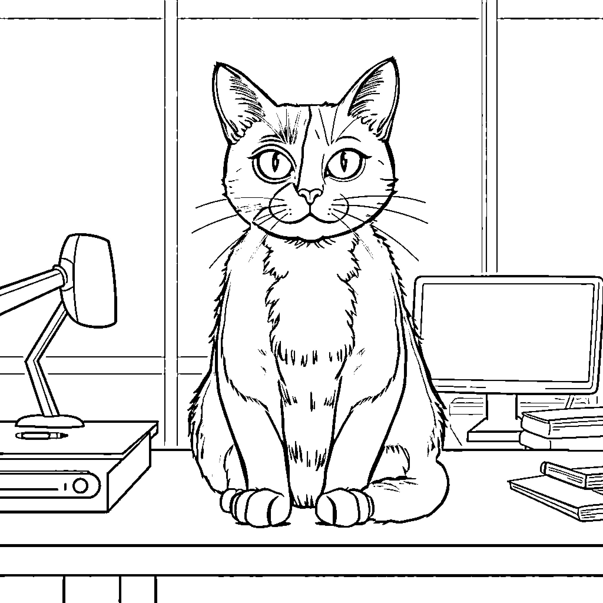 Cat sitting calmly in an office environment Coloring Page (free black-and-white line drawing printable PDF for all, from beginners to advanced learners, including children, teens, adults, and seniors)