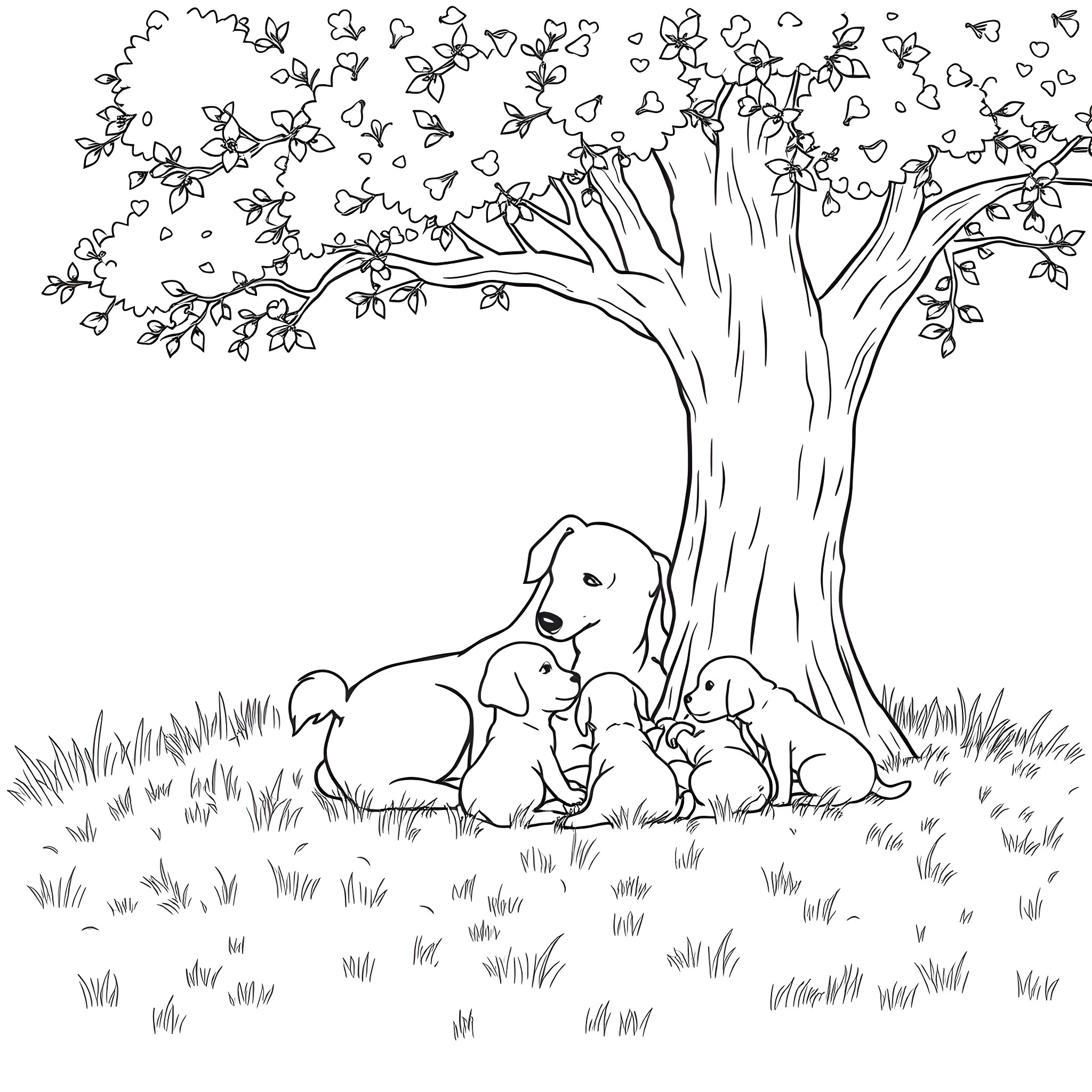 Dog and Puppies Resting under Tree Coloring Page (free black-and-white line drawing printable PDF for all, from beginners to advanced learners, including children, teens, adults, and seniors)