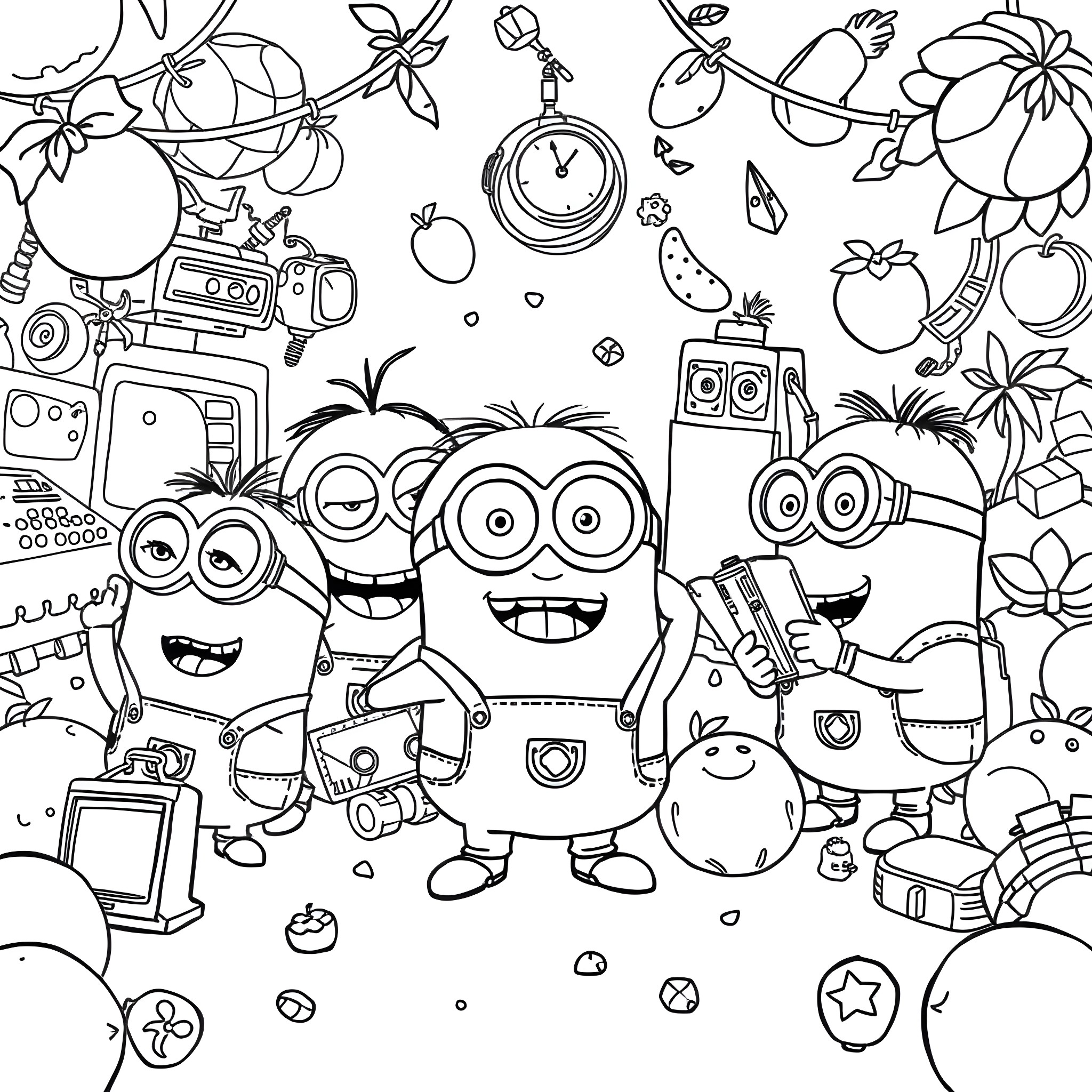 Minion friends enjoying a playful adventure Coloring Page (free black-and-white line drawing printable PDF for all, from beginners to advanced learners, including children, teens, adults, and seniors)
