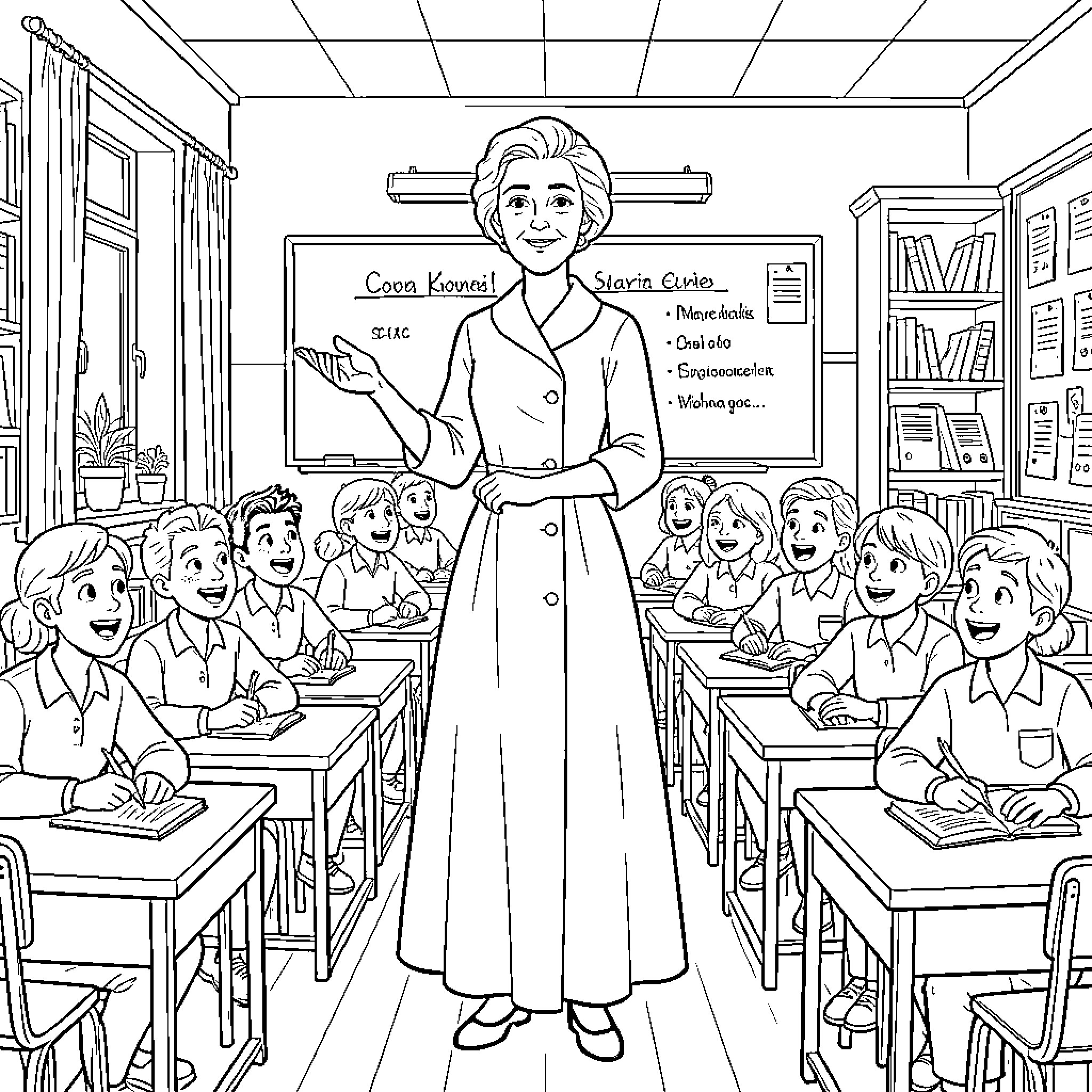 Marie Curie Teaching Students in the Classroom Coloring Page (free black-and-white line drawing printable PDF for all, from beginners to advanced learners, including children, teens, adults, and seniors)