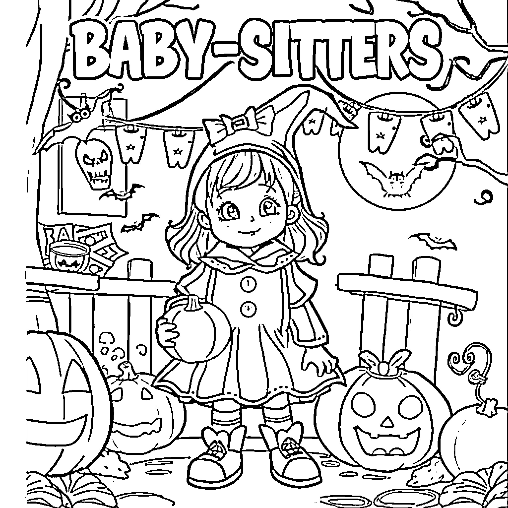 Baby in Halloween costume with trick-or-treat scene Coloring Page (free black-and-white line drawing printable PDF for all, from beginners to advanced learners, including children, teens, adults, and seniors)