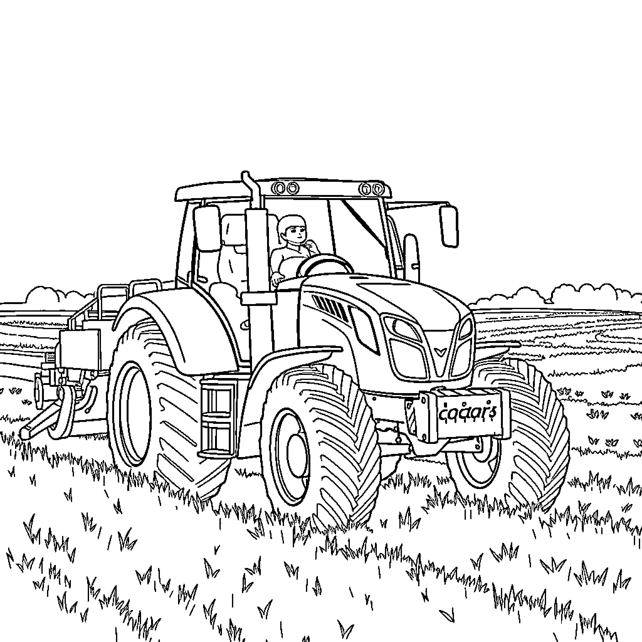 Tractor plowing through the field with a farmer Coloring Page (free black-and-white line drawing printable PDF for all, from beginners to advanced learners, including children, teens, adults, and seniors)