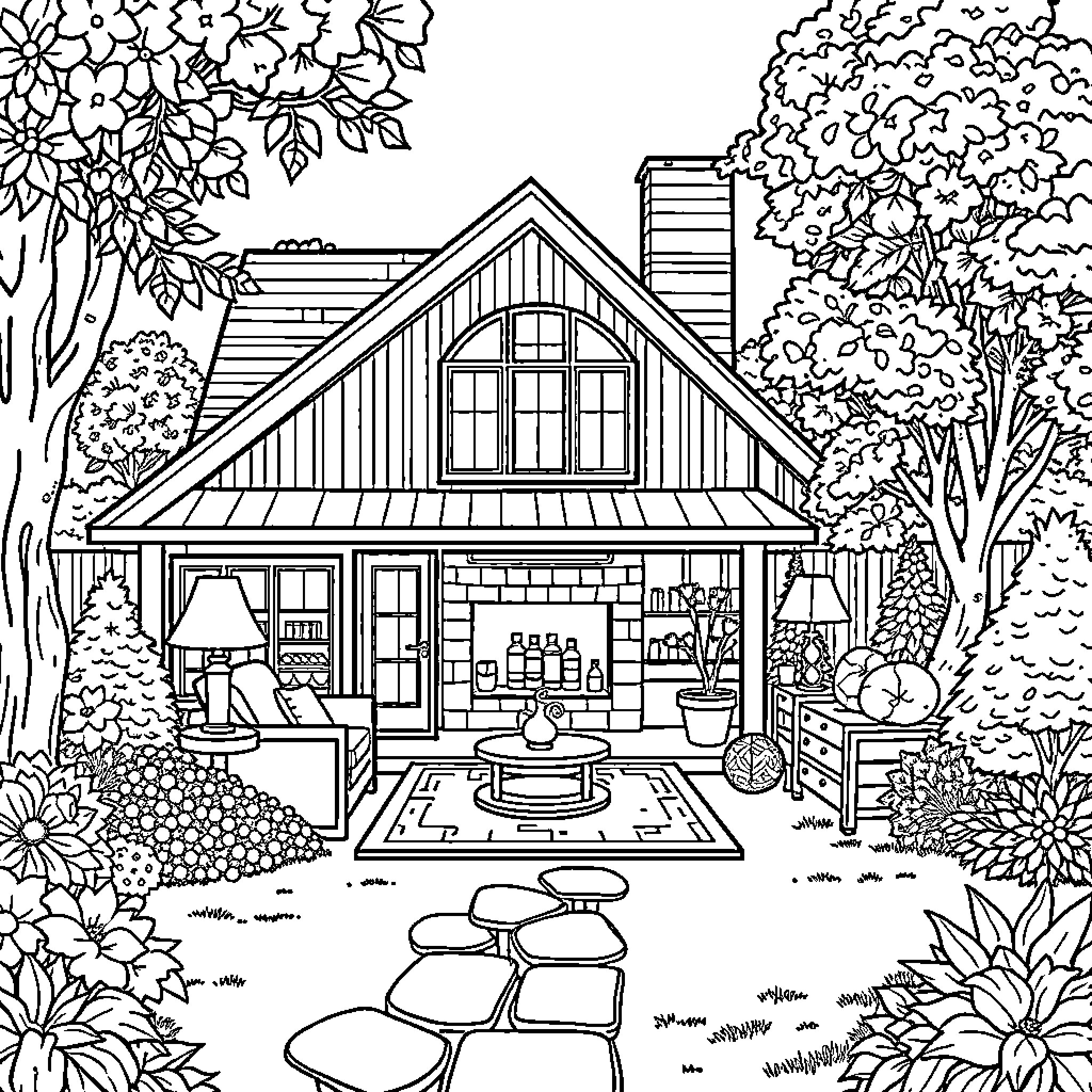 Home with Charming Outdoor Patio and Lush Foliage Coloring Page (free black-and-white line drawing printable PDF for all, from beginners to advanced learners, including children, teens, adults, and seniors)