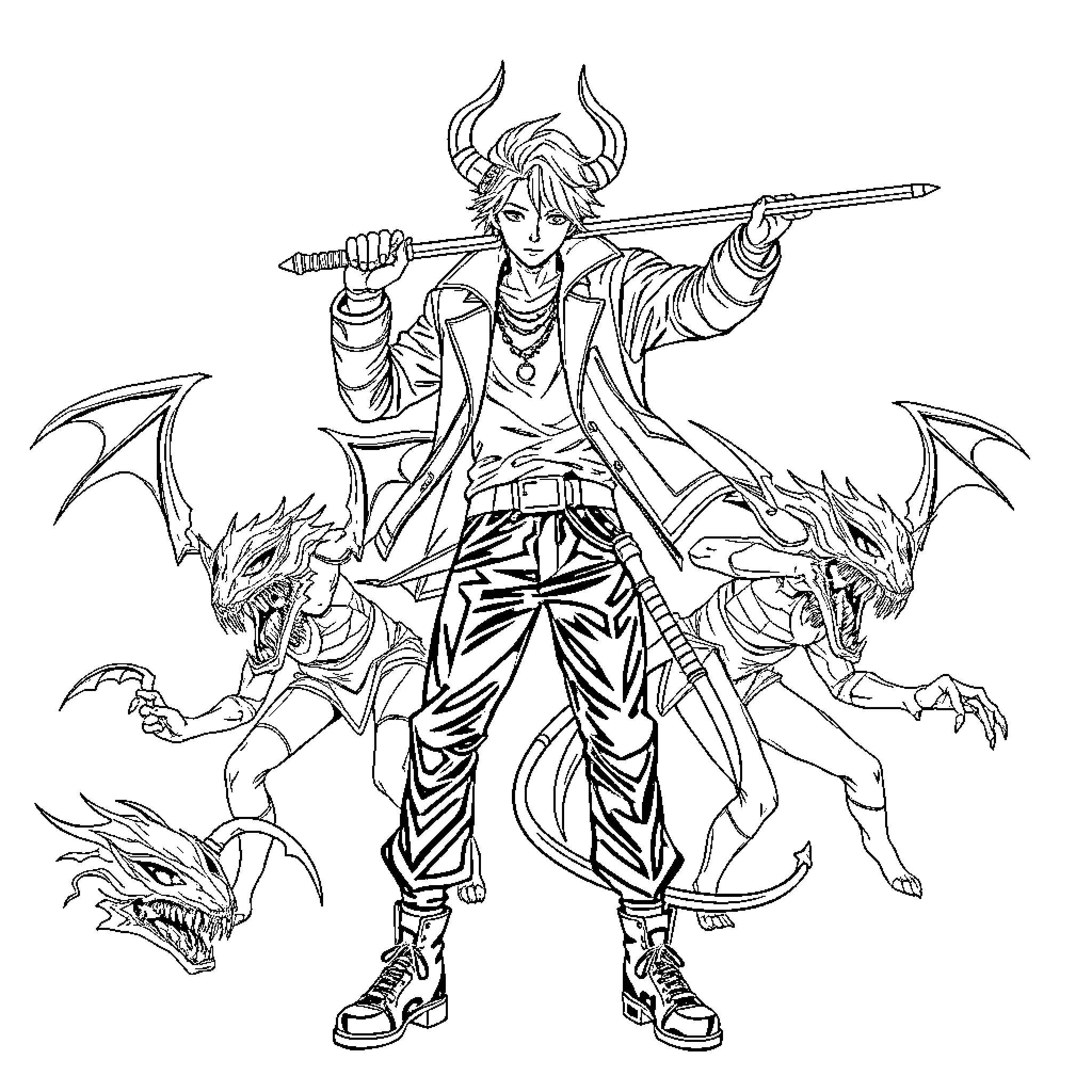 Kpop Demon Hunter Wielding Spear, Surrounded by Fierce Monsters Coloring Page (free black-and-white line drawing printable PDF for all, from beginners to advanced learners, including children, teens, adults, and seniors)