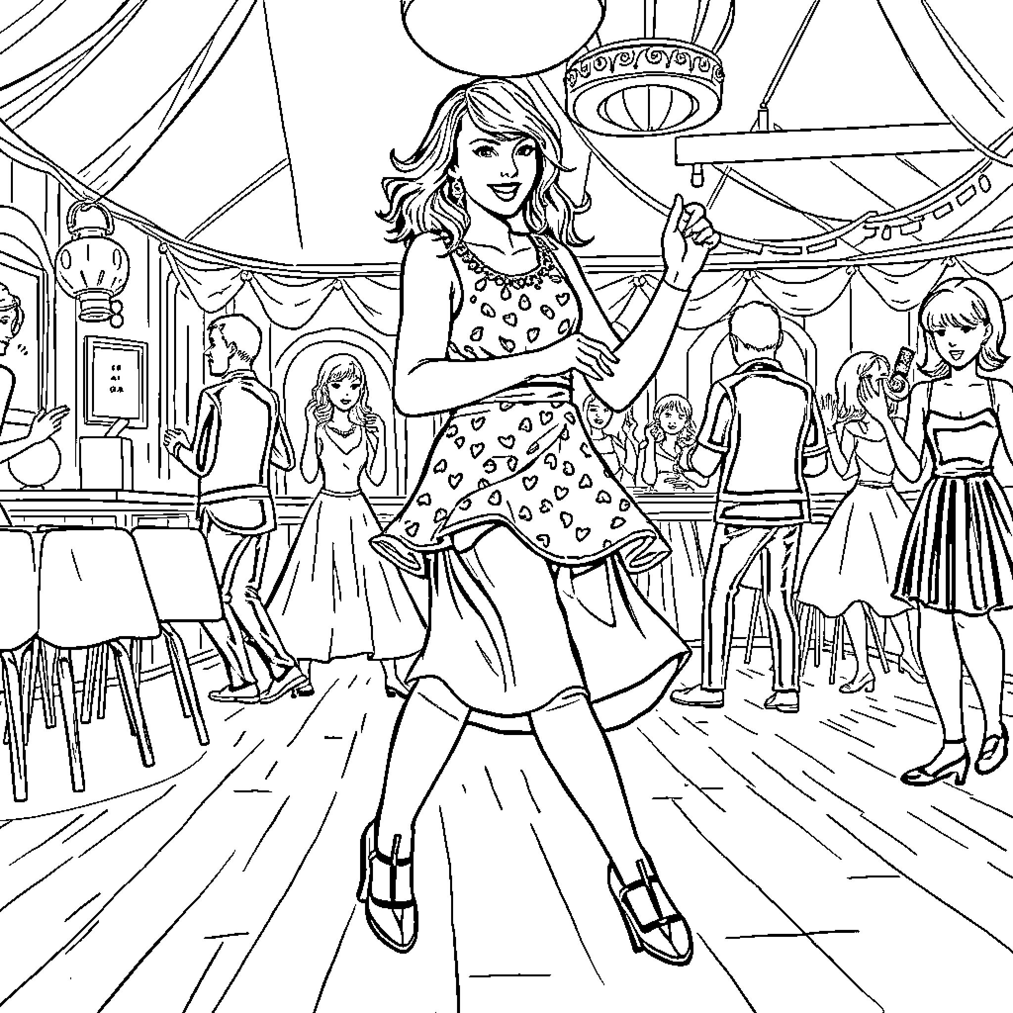Taylor Swift performing on stage at a concert Coloring Page (free black-and-white line drawing printable PDF for all, from beginners to advanced learners, including children, teens, adults, and seniors)