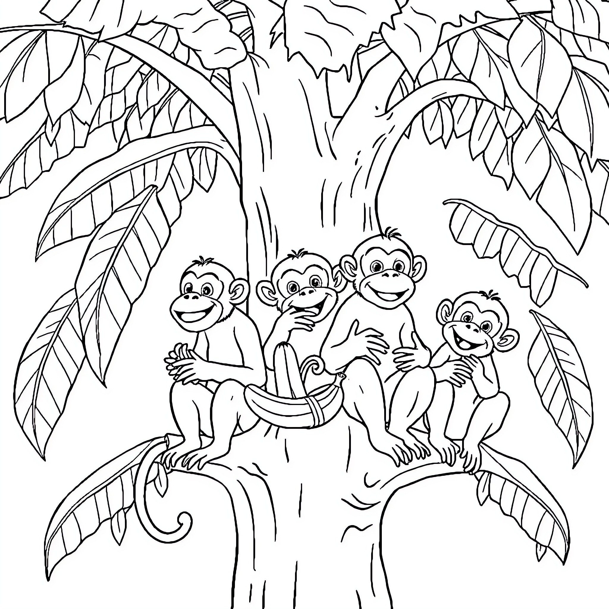 Monkeys playing and exploring in the jungle Coloring Page (free black-and-white line drawing printable PDF for all, from beginners to advanced learners, including children, teens, adults, and seniors)