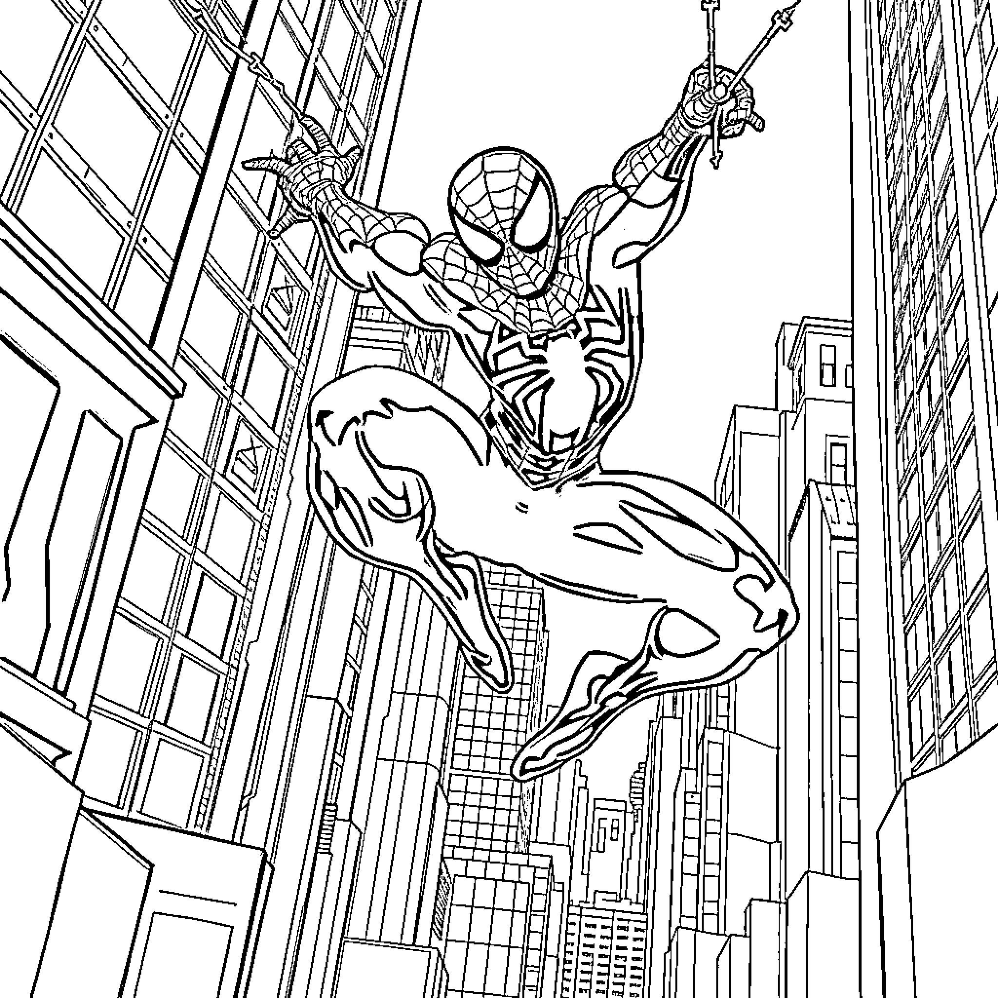 Spiderman swinging through the city skyline Coloring Page (free black-and-white line drawing printable PDF for all, from beginners to advanced learners, including children, teens, adults, and seniors)