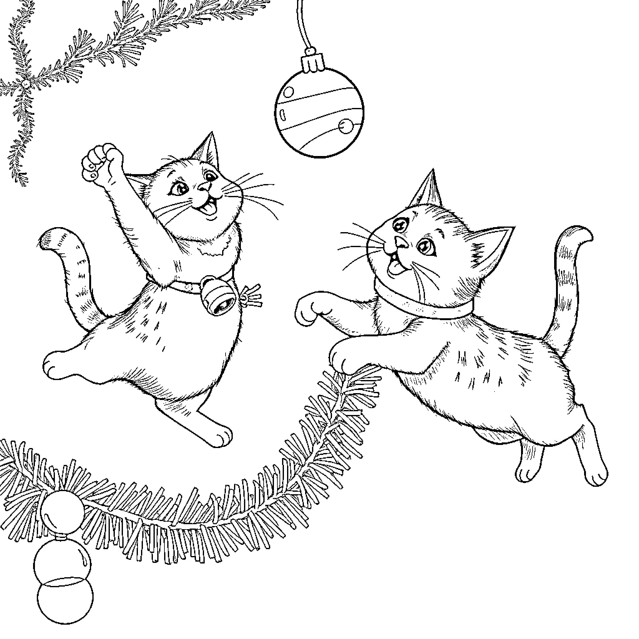 Cats Playing Playfully with Christmas Ornaments Coloring Page (free black-and-white line drawing printable PDF for all, from beginners to advanced learners, including children, teens, adults, and seniors)
