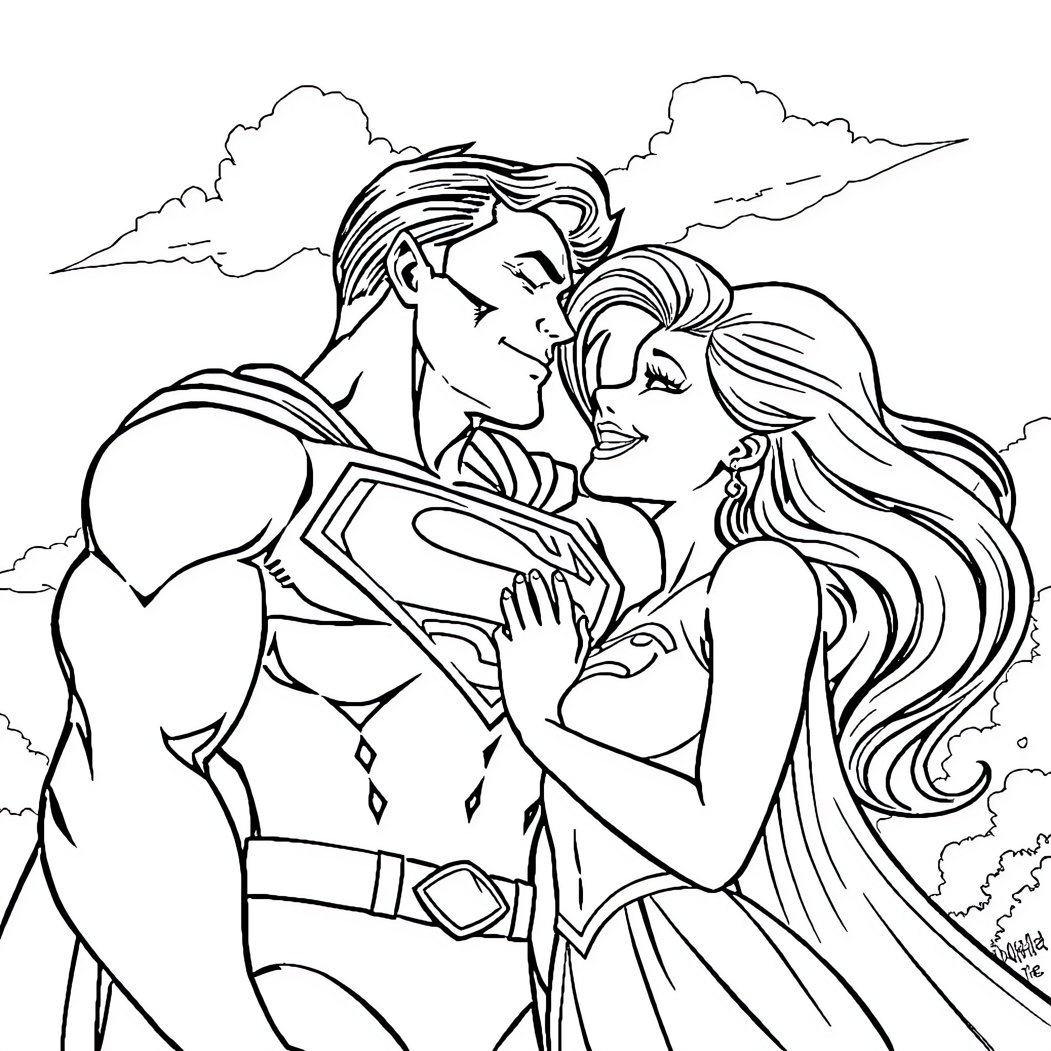 Superman embracing a loved one in the sky Coloring Page (free black-and-white line drawing printable PDF for all, from beginners to advanced learners, including children, teens, adults, and seniors)